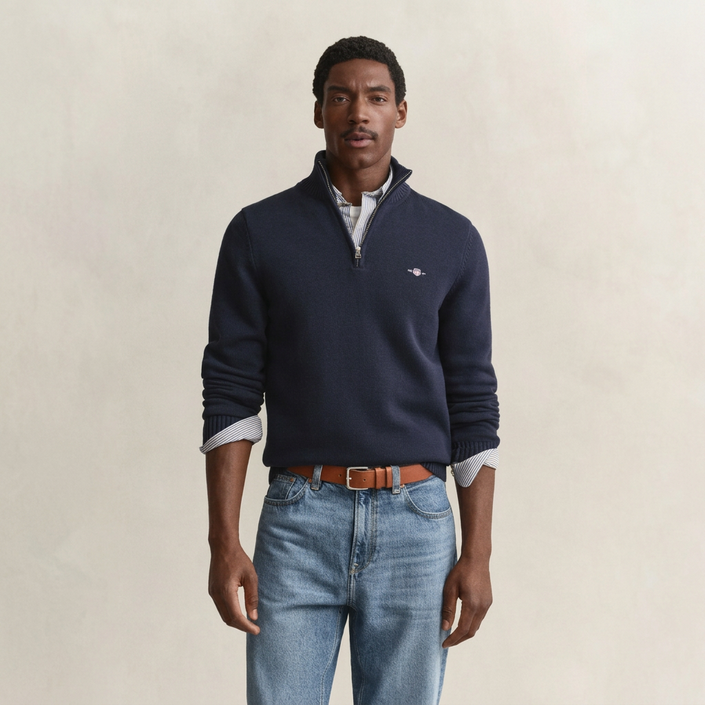 Front View of Model in GANT Cotton Knit Half Zip Jumper in Evening Blue