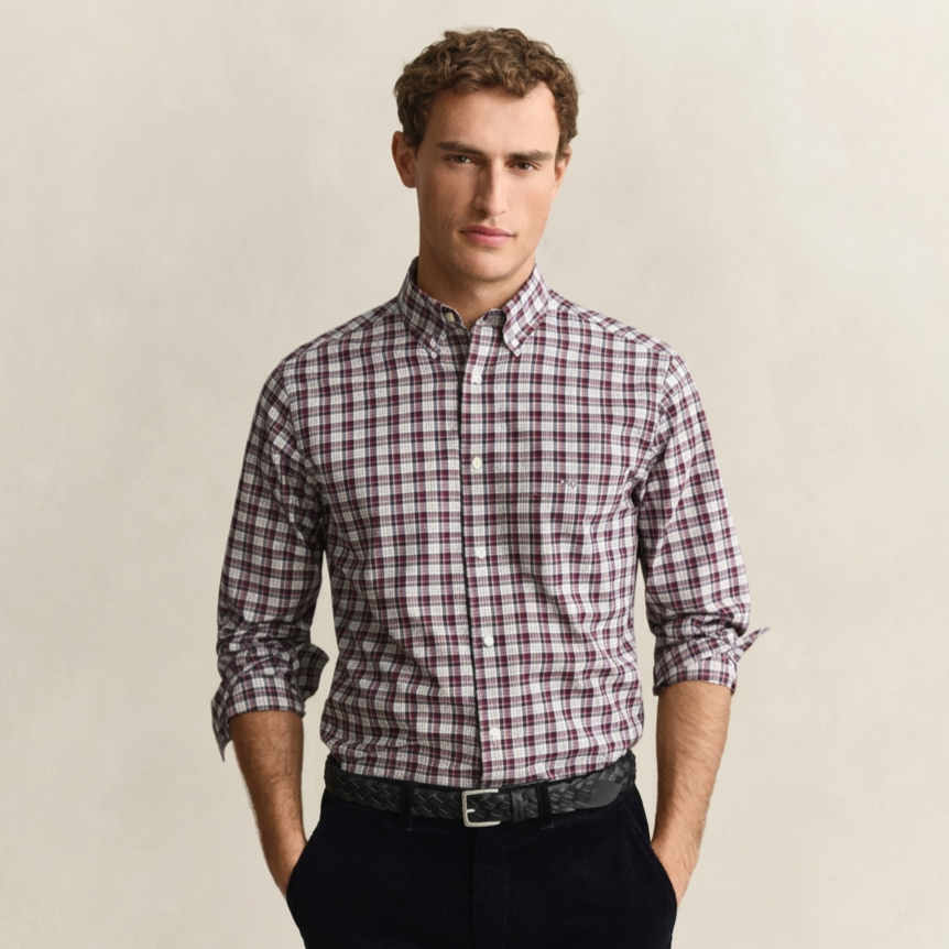 Front View of Model in GANT Regular Fit Poplin Check Shirt in Deep Grape Wine and White