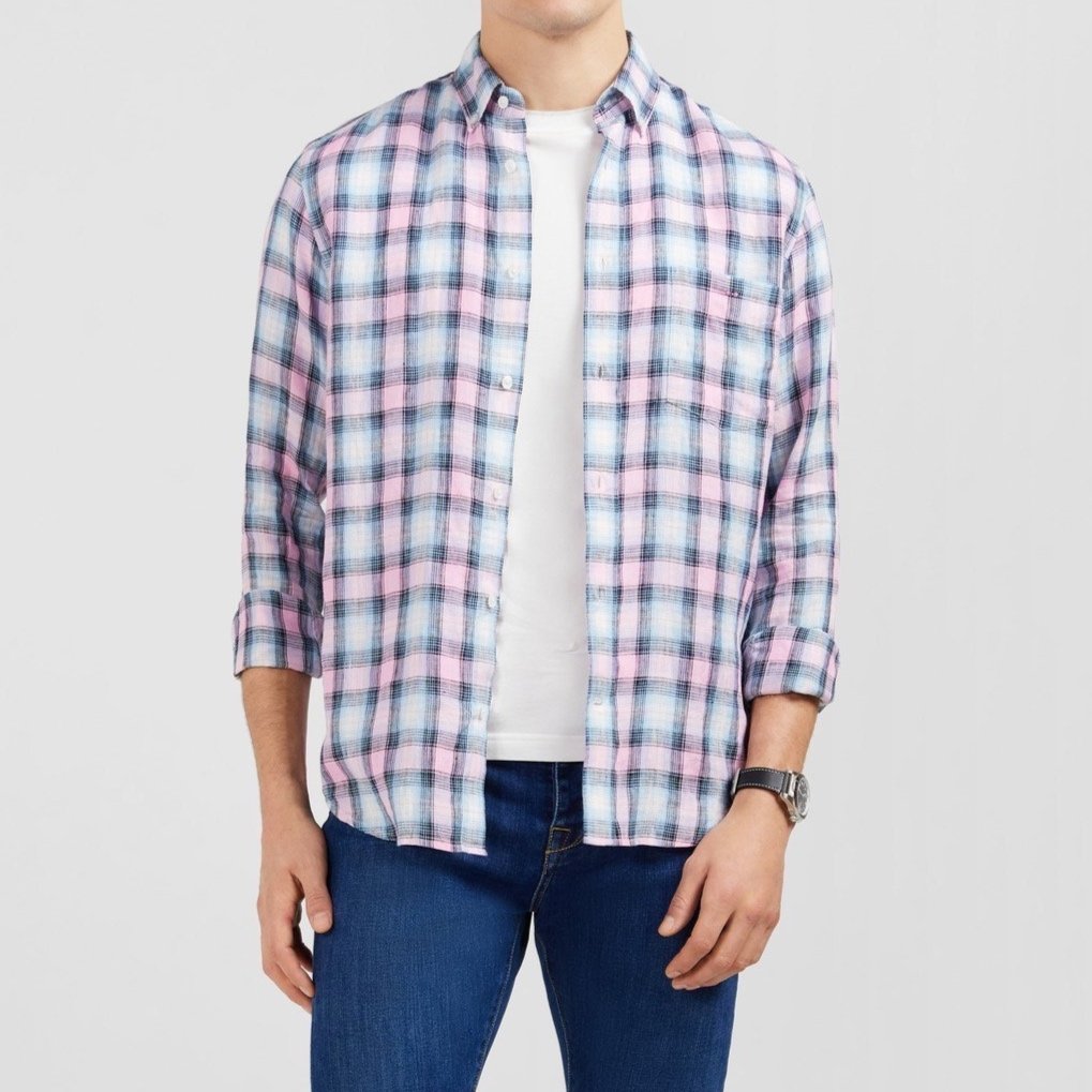 Full View of Model in Eden Park Check Linen Shirt in Pink Blue
