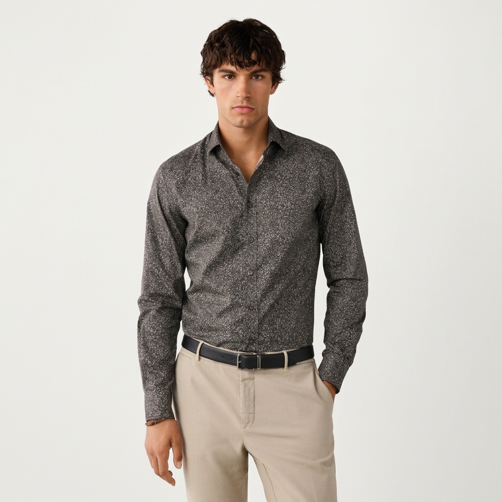 Front View of Model in Hackett Wildflower Print Shirt in Brown
