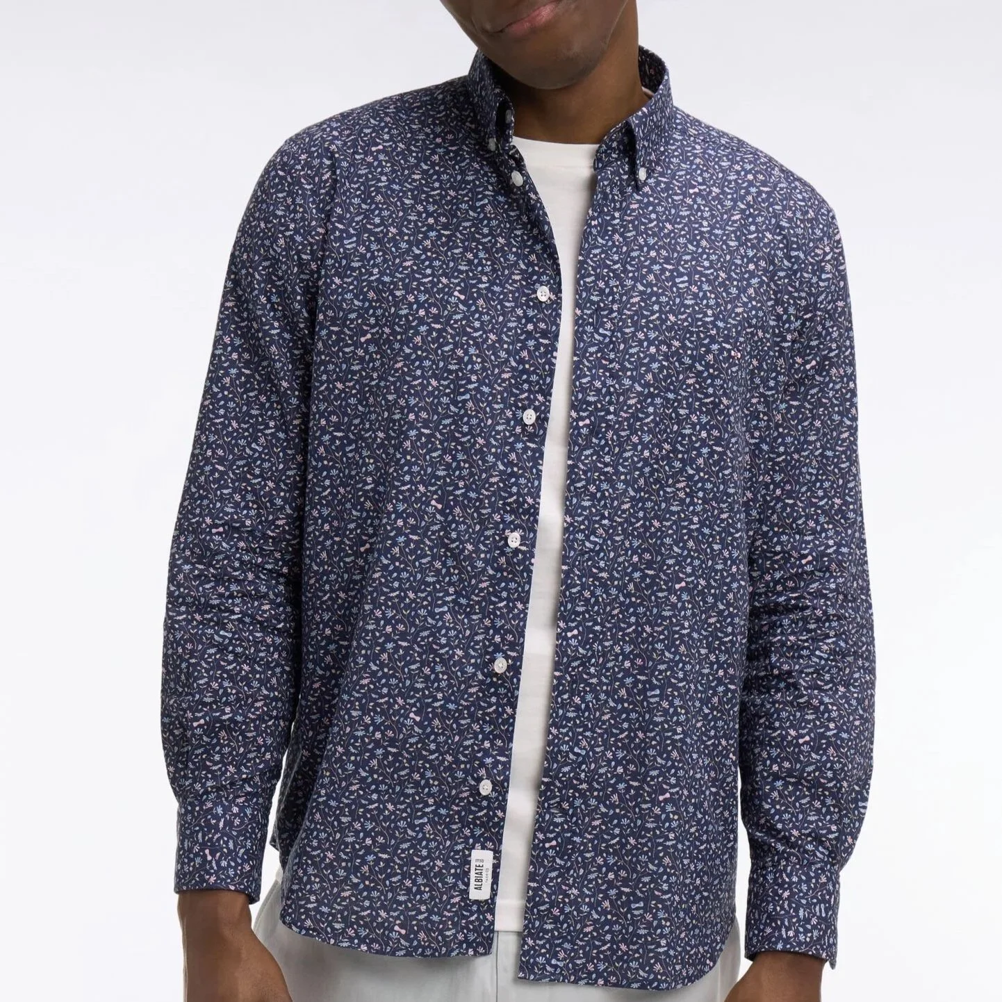Model View of Eden Park Floral Shirt in Navy and Pink