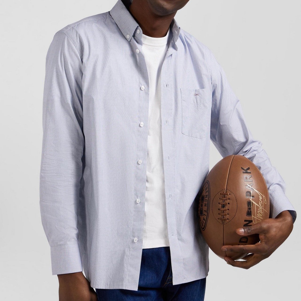 Close View of Model in Eden Park Mini Check Shirt in Light Blue