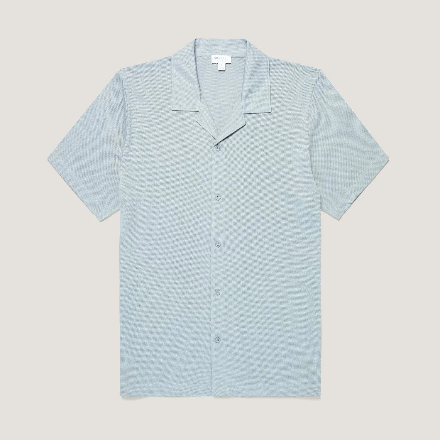 Flat View of Sunspel Luxury Mesh Short Sleeve Shirt in Light Blue