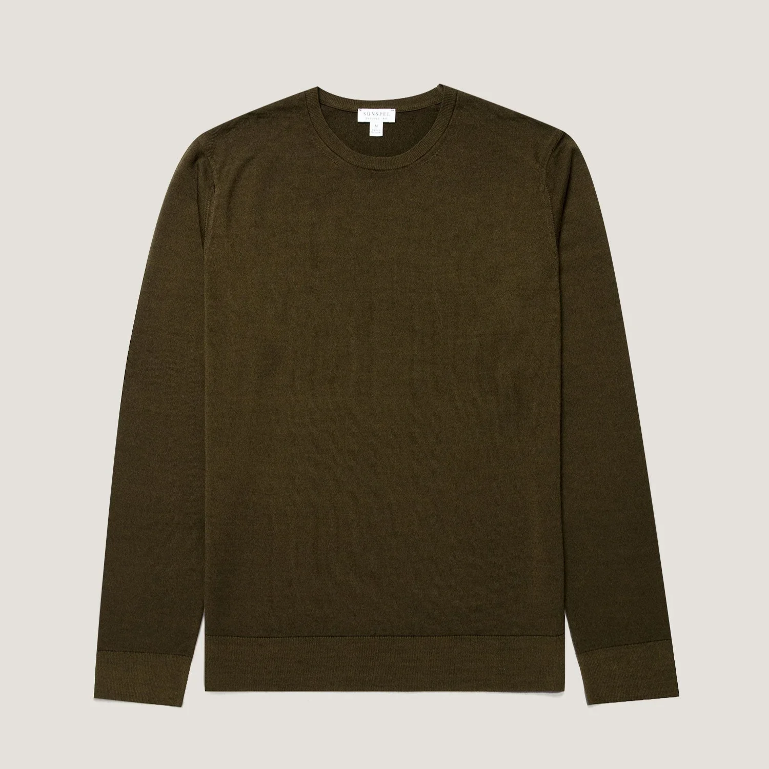 Flat View of Sunspel Merino Wool Crew Neck Jumper in Loden Olive Green