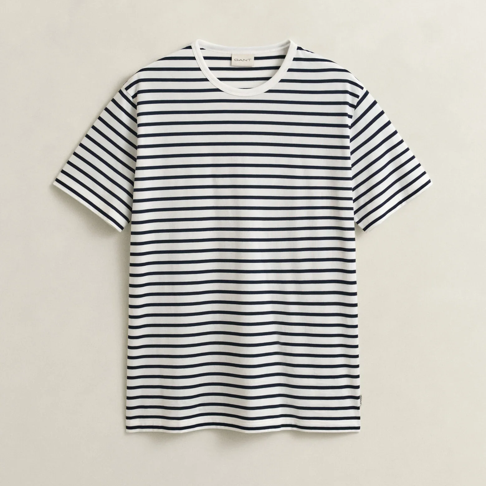Flat View of GANT Pima Cotton Stripe T Shirt in White and Navy