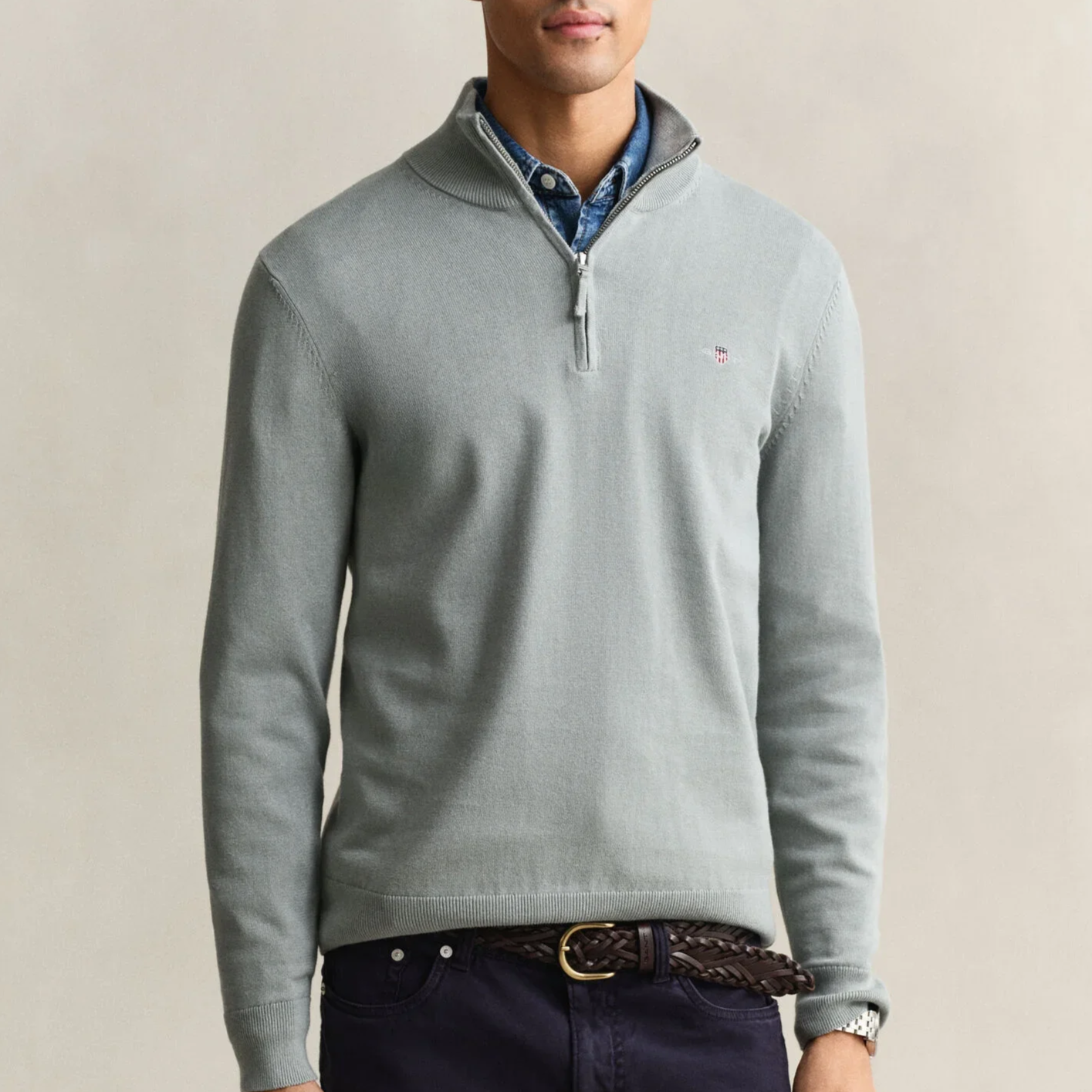 Model View of GANT Cotton Half-Zip Jumper in Soft Green