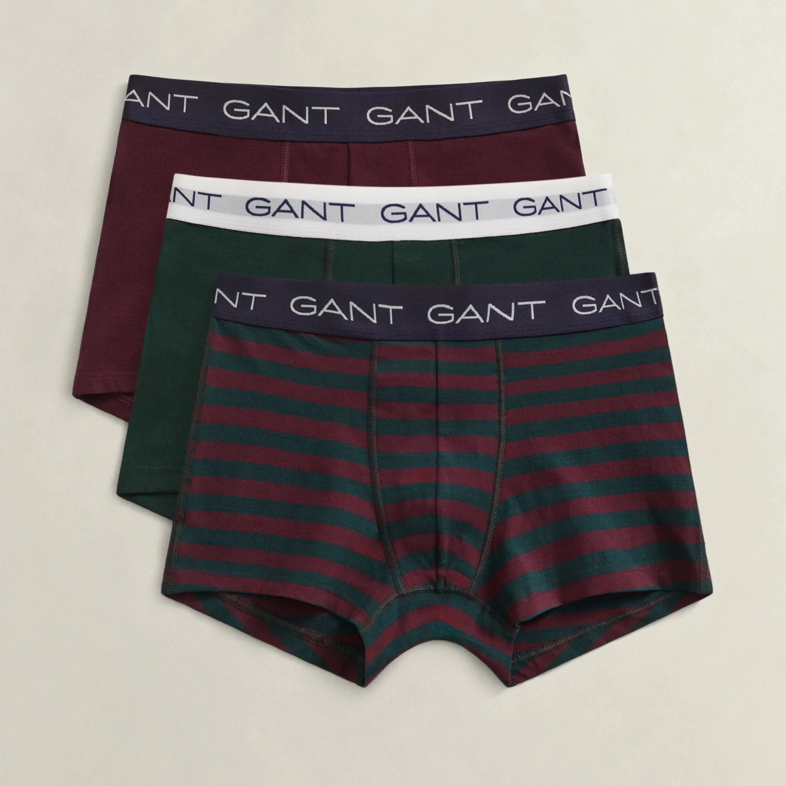Unboxed View of GANT Striped Trunk 3 Pack Gift Box in Tartan Green and Burgundy
