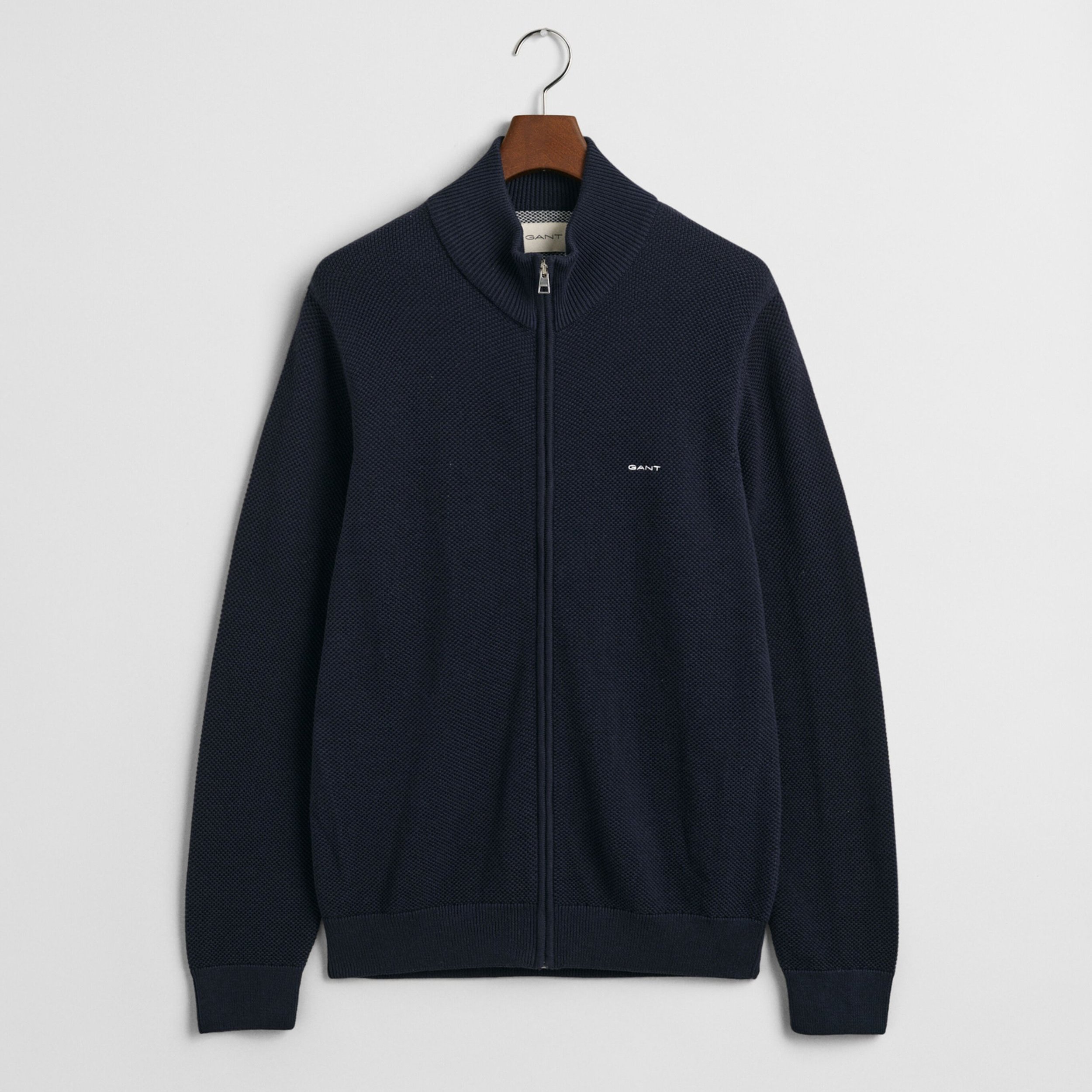 Flat View of GANT Cotton Pique Zip Cardigan in Navy