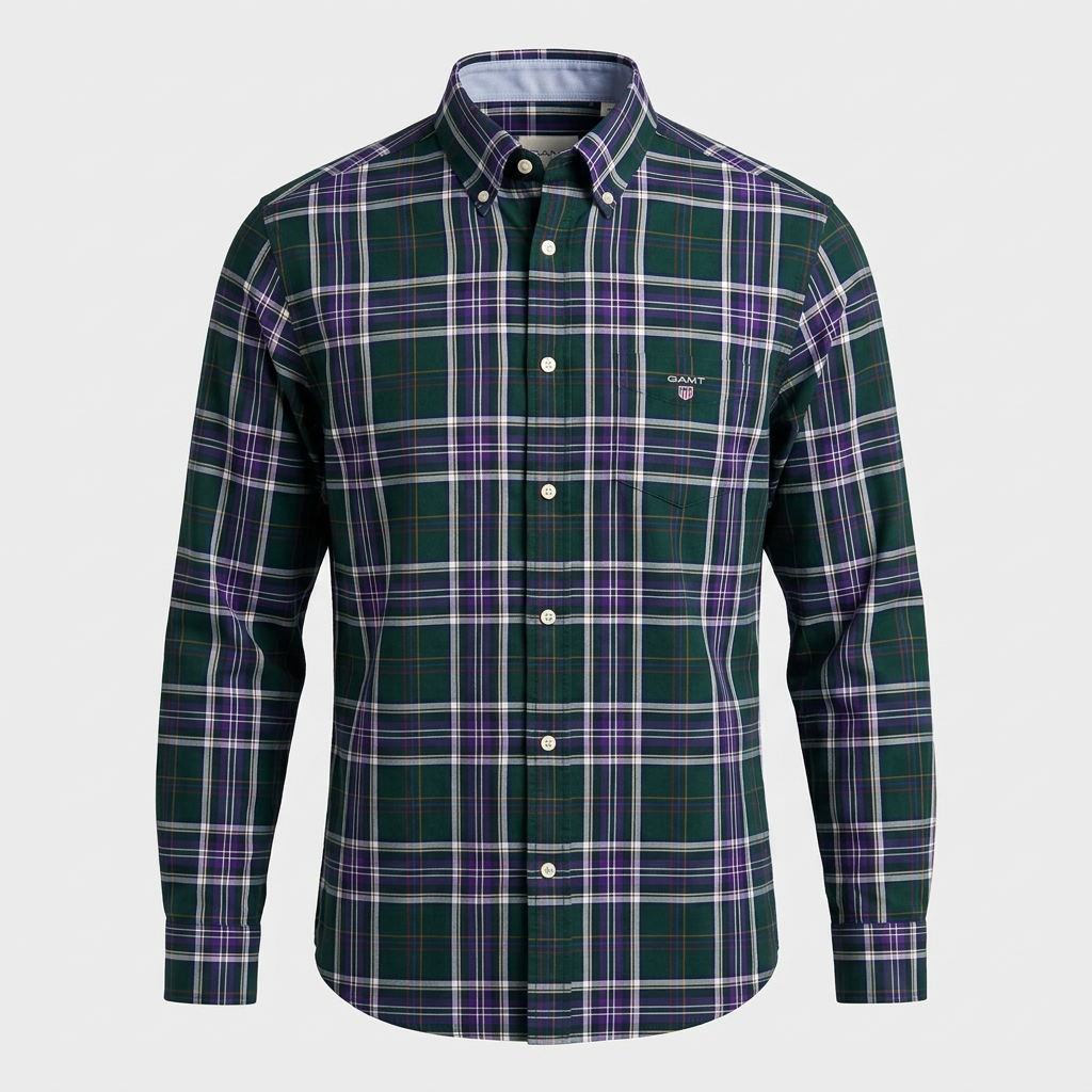 Flat View of GANT Regular Fit Poplin Check Shirt in Dark Emerald Green and Purple