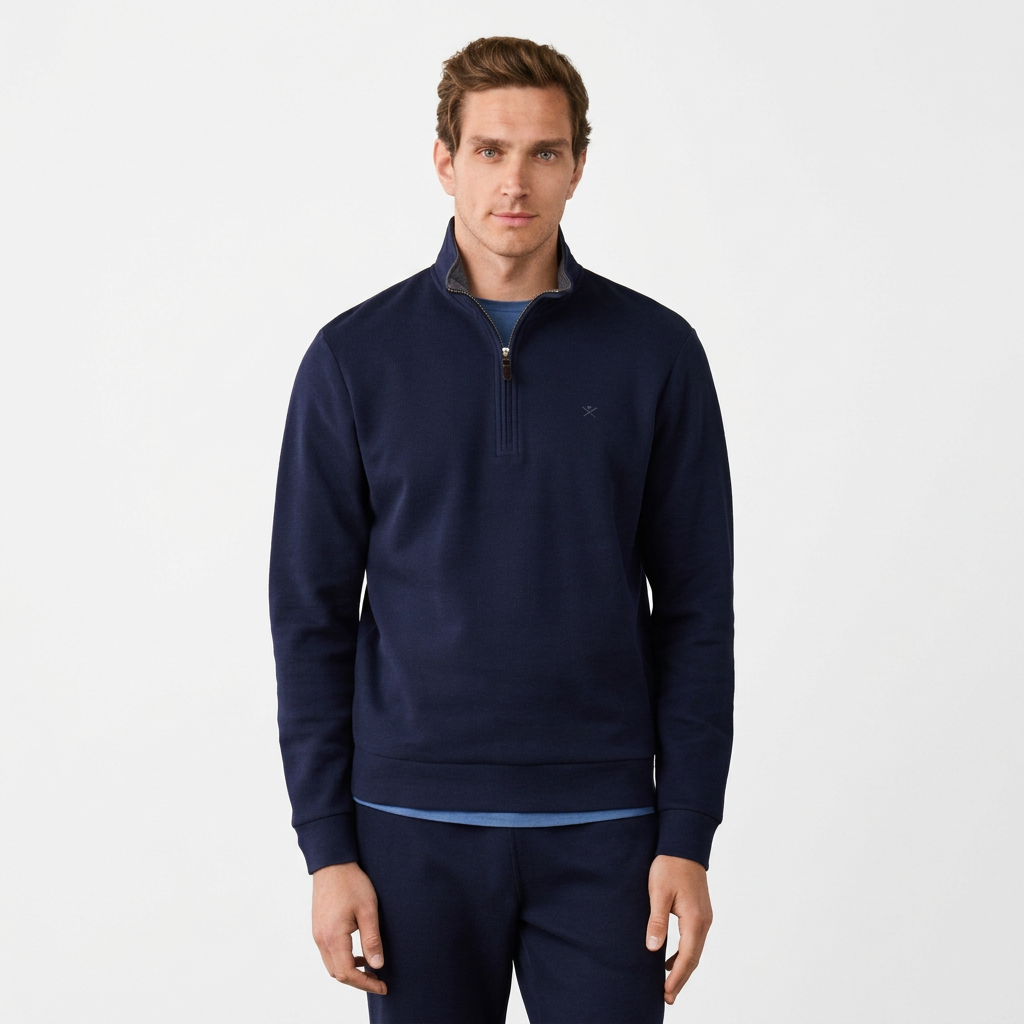 Front View of Model in Hackett Half Zip Sweatshirt in Navy