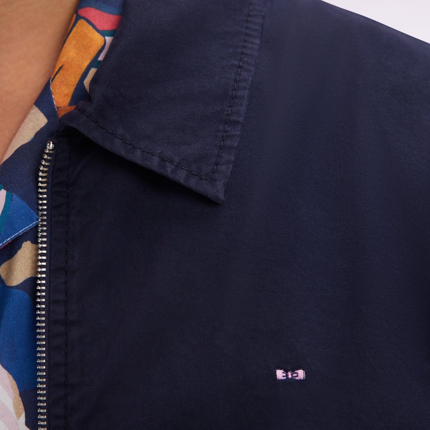 Detail View of Model in Eden Park Lightweight Jacket in Navy