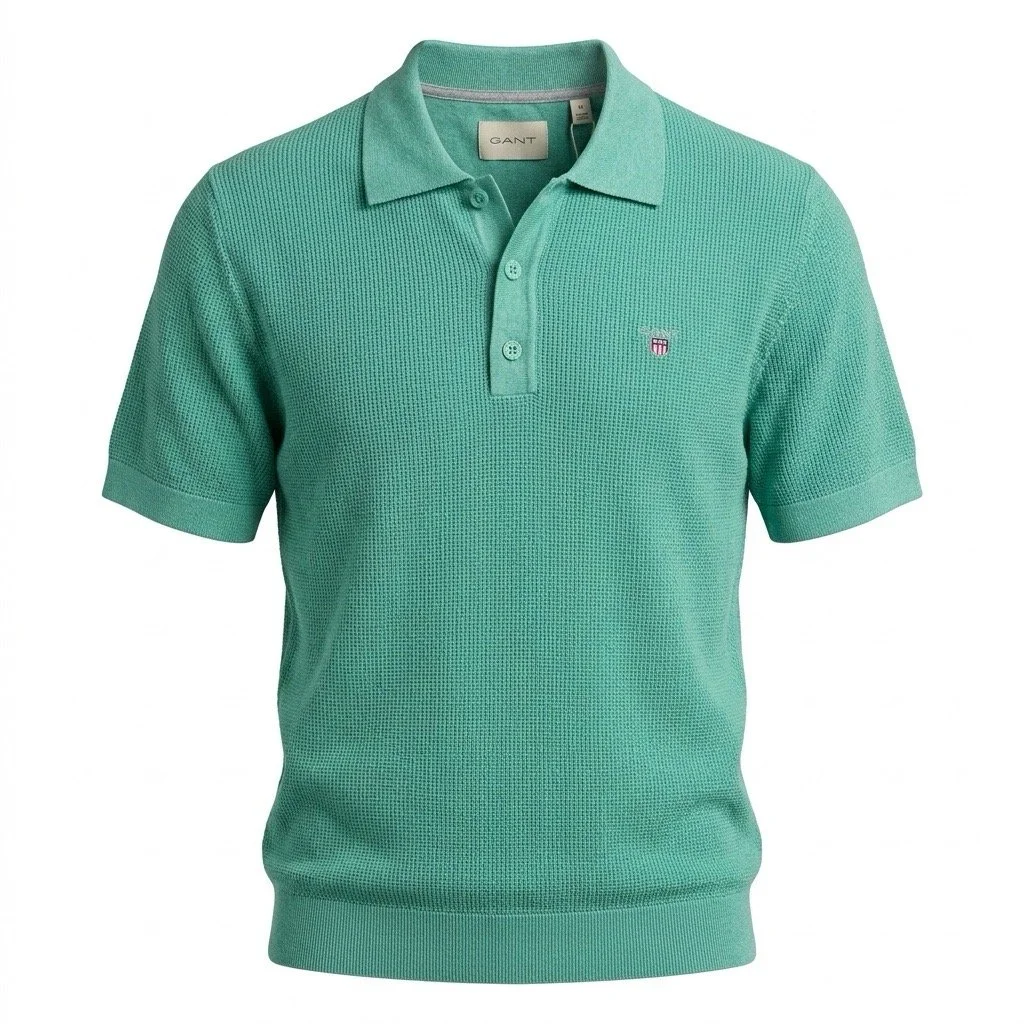 Flat View of GANT Texture Organic Cotton Mix Polo Shirt in Aqua