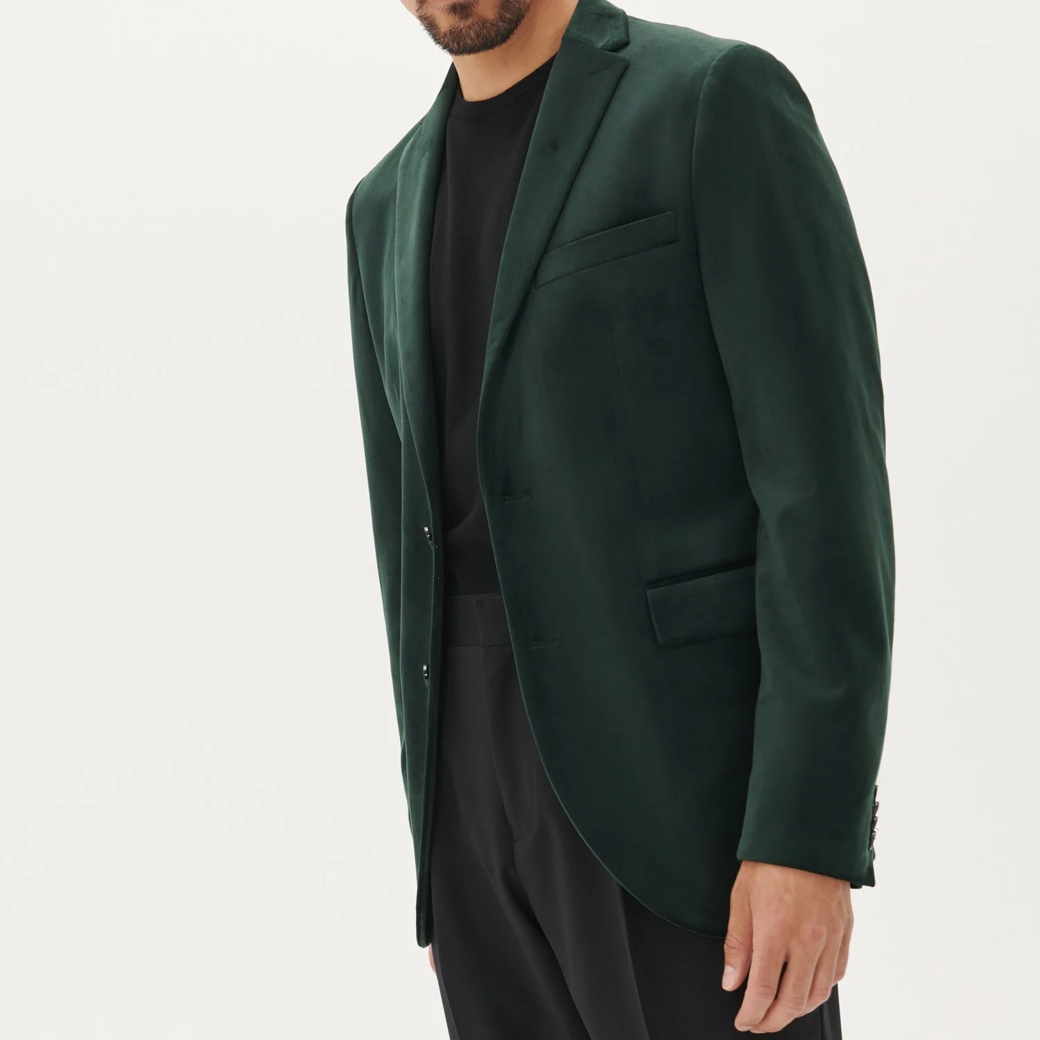 Full View of Model in Matinique Slim Fit Velvet Jacket in Bottle Green