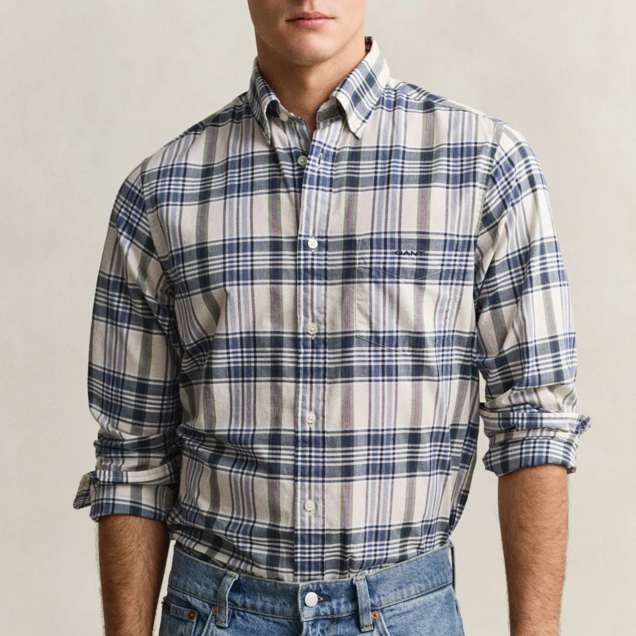 Model View of GANT Check Cotton Shirt in Denim Blue and Cream