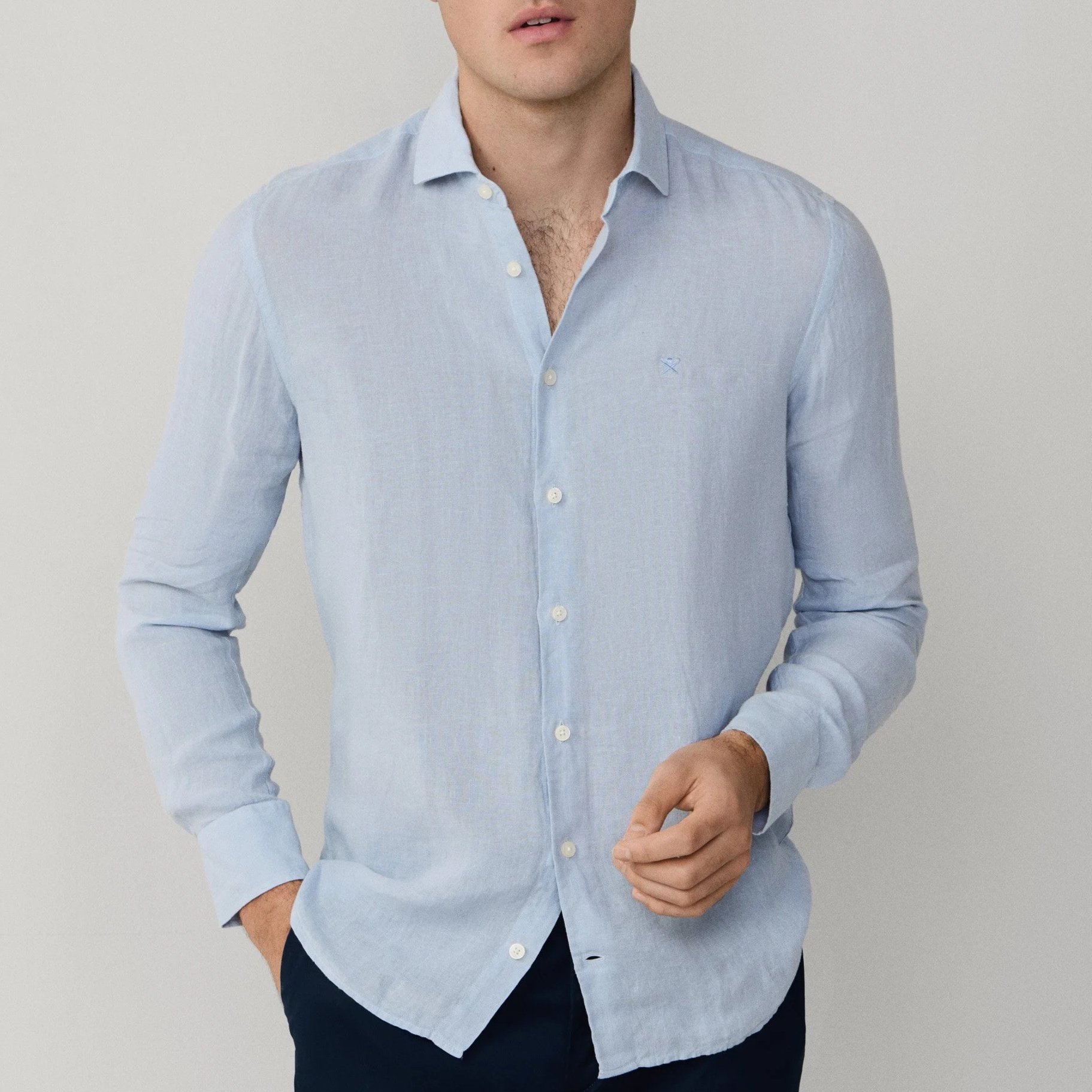 Model View of Hackett Slim Fit Linen Shirt in Blue