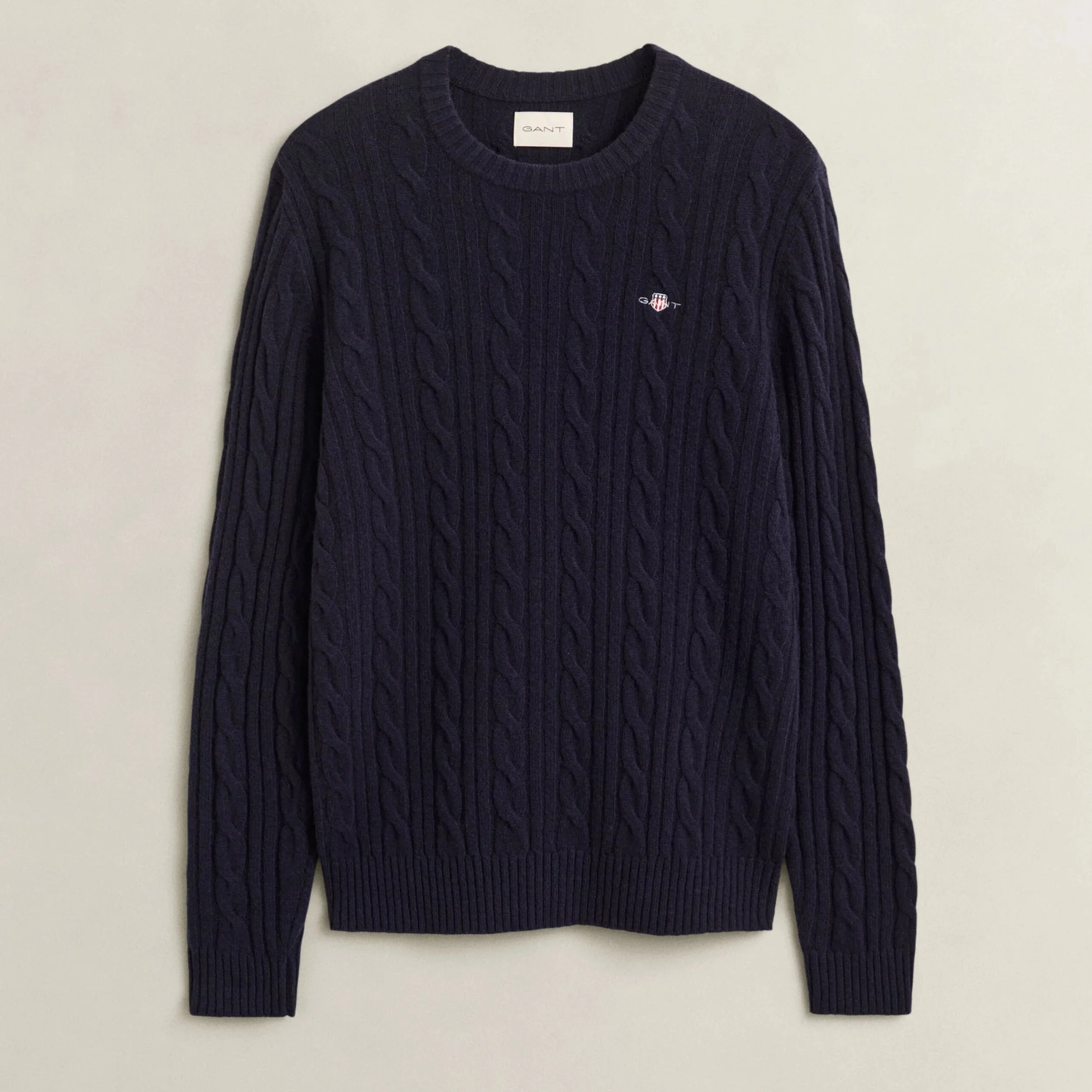 Flat View of GANT Lambswool Cable Crew Neck in Evening Blue