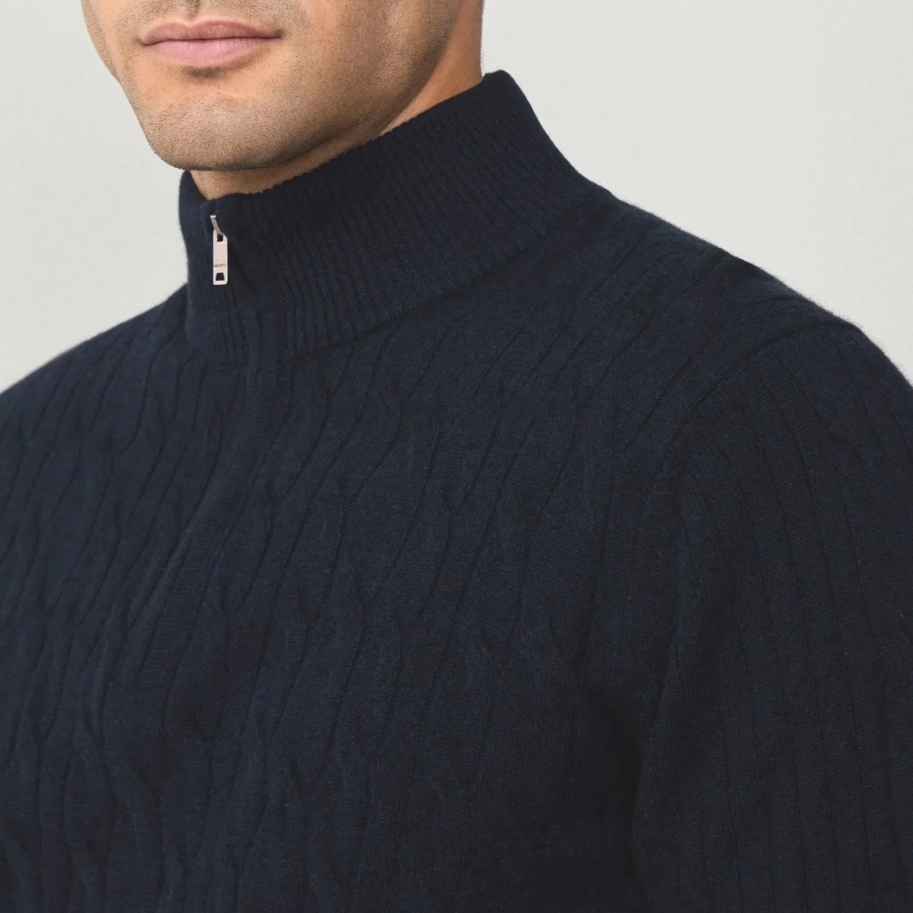 Close Model View of Hackett Lambswool Cable Half Zip Jumper in Navy