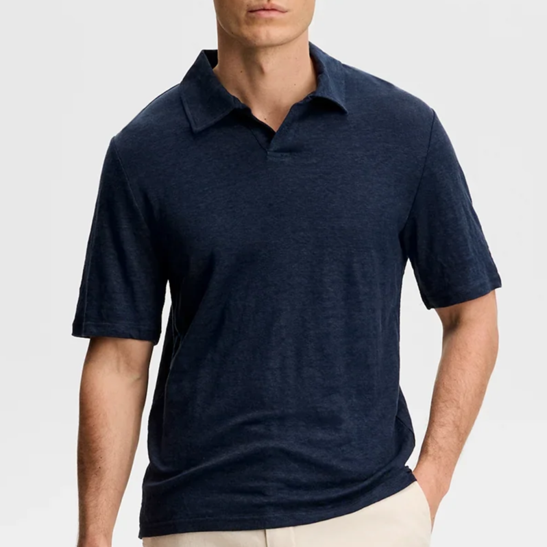 Model View of J Lindeberg Premium Linen Polo in Navy