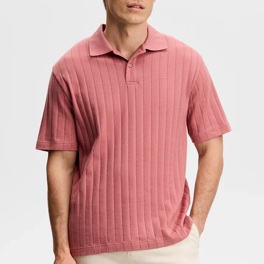 Model View of J Lindeberg Self Stripe Polo in Pink