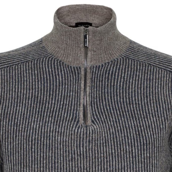 Detail View of SAND Copenhagen Stripe Zip Cardigan in Navy and Brown