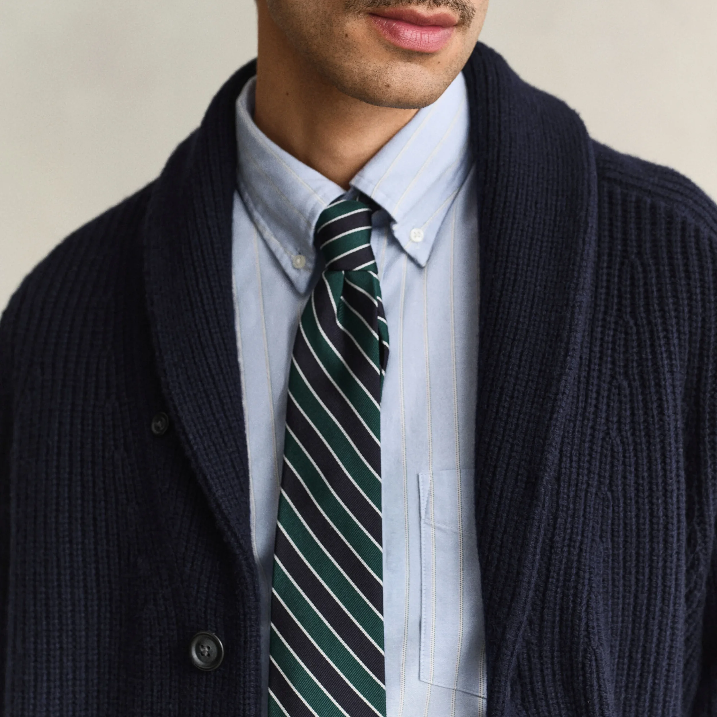 Close View of Model in GANT Ribbed Wool Blend Shawl Cardigan in Evening Blue