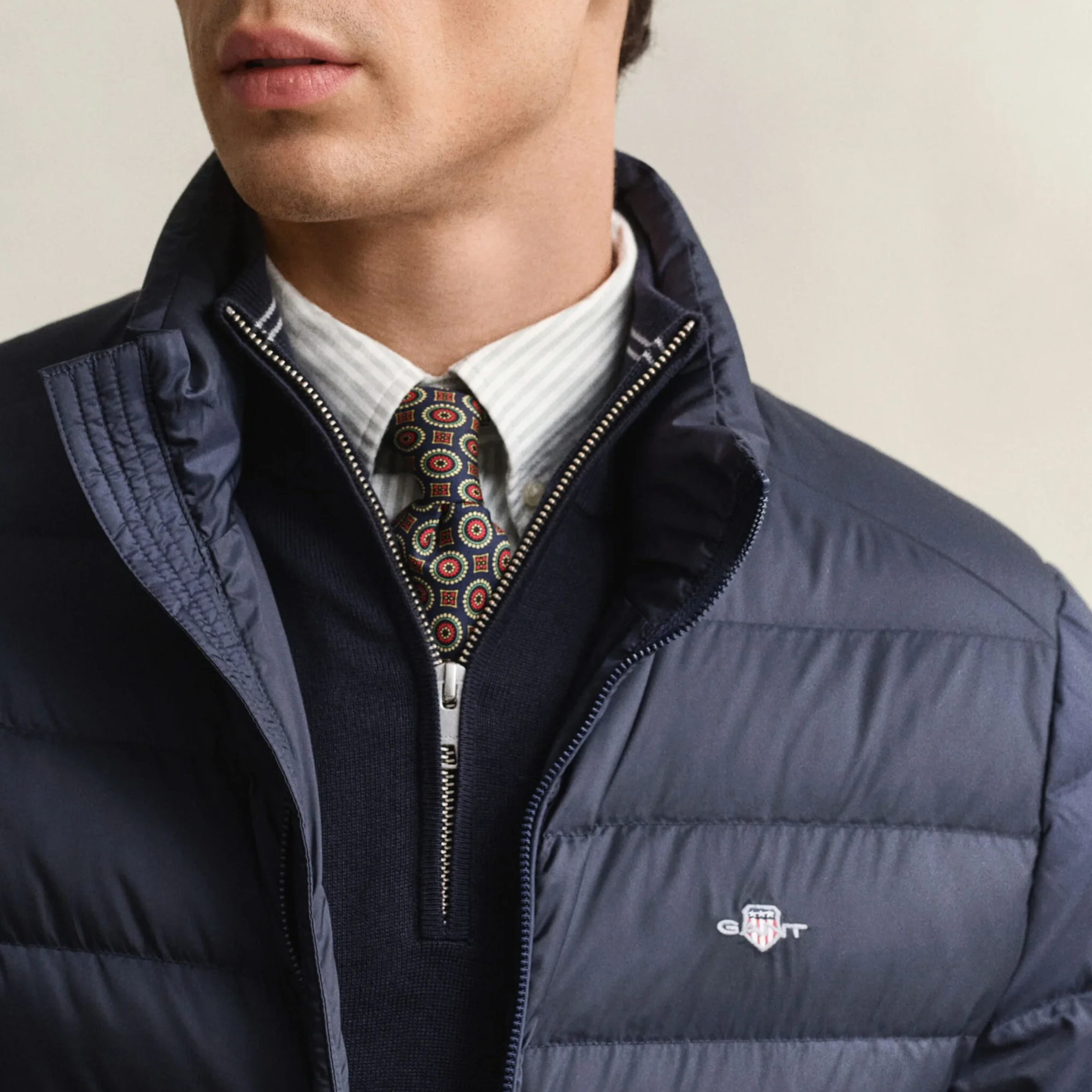 Close View of Model in GANT Light Down Jacket in Evening Blue