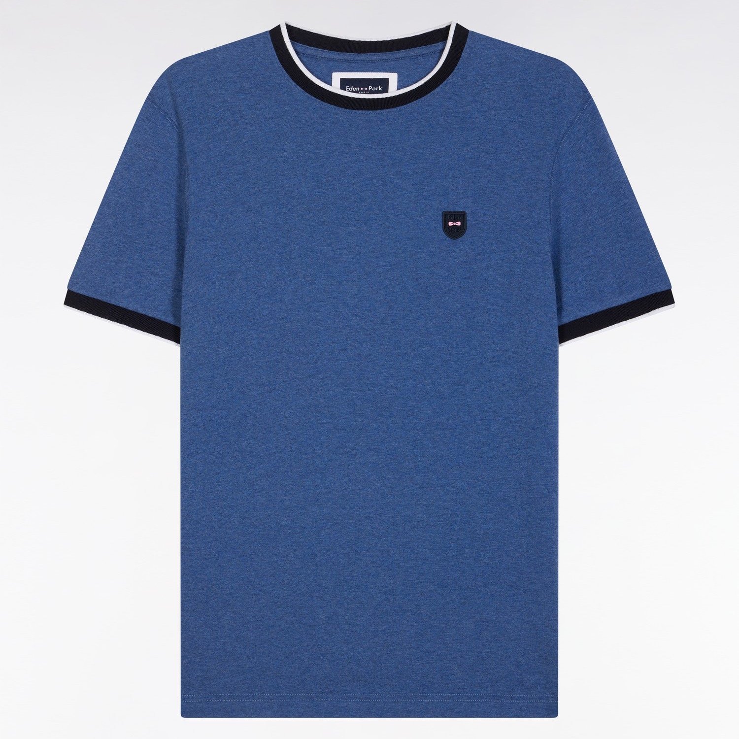 Flat View of Eden Park Slim Fit Contrast Collar Cotton T Shirt in Blue and White