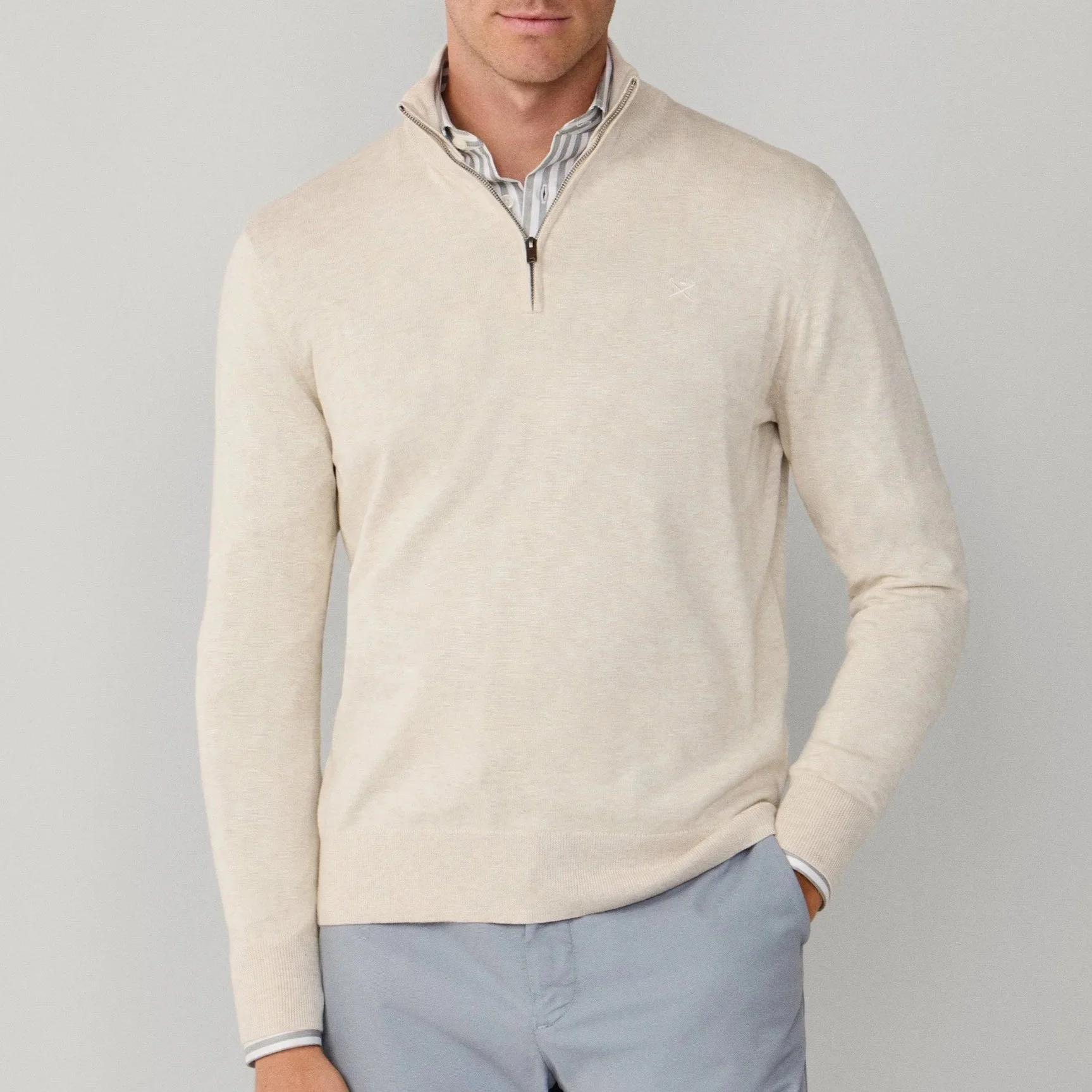 Model View of Hackett Cotton and Silk Half Zip Jumper in Sand