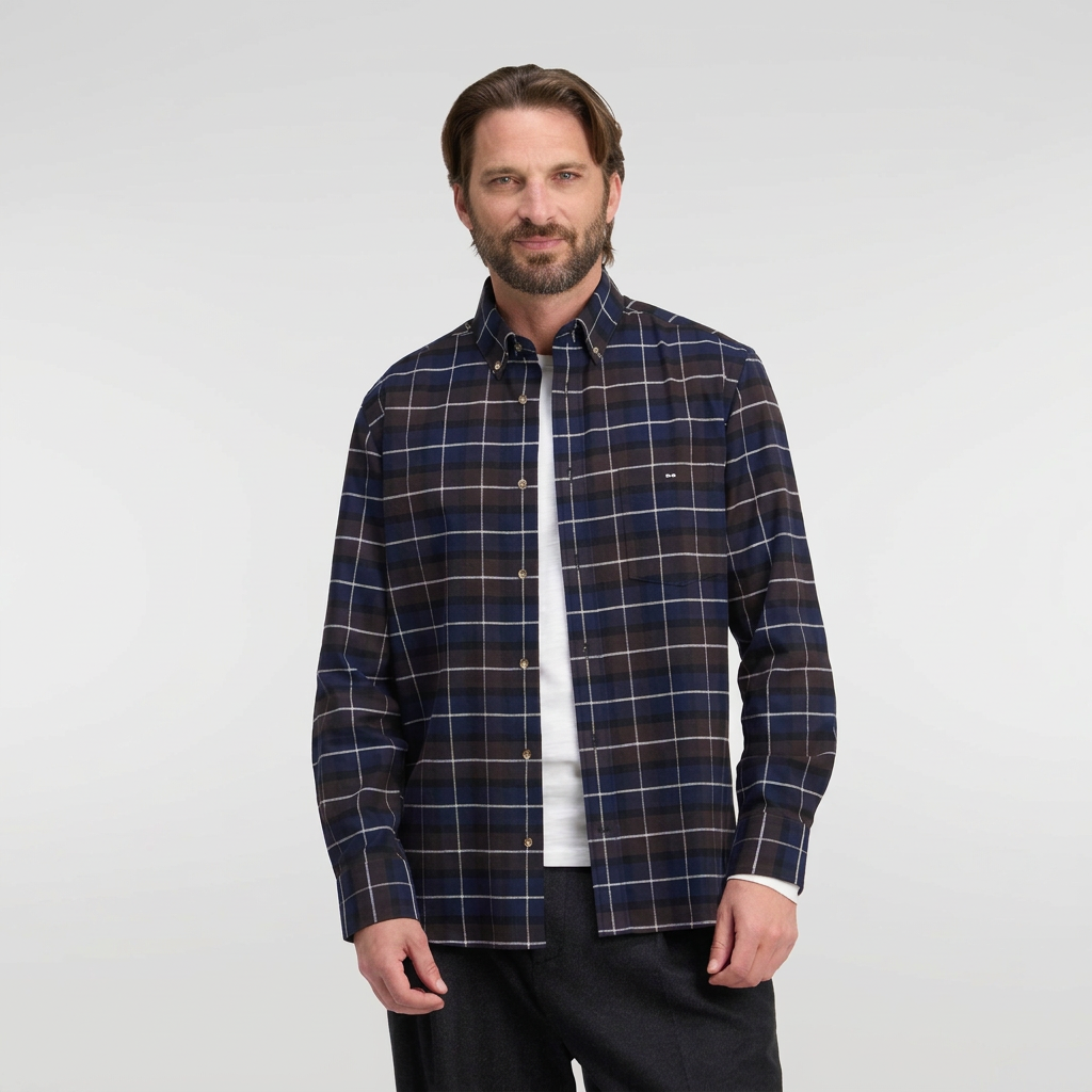 Front View of Model in Eden Park Flannel Check Shirt in Navy and Brown