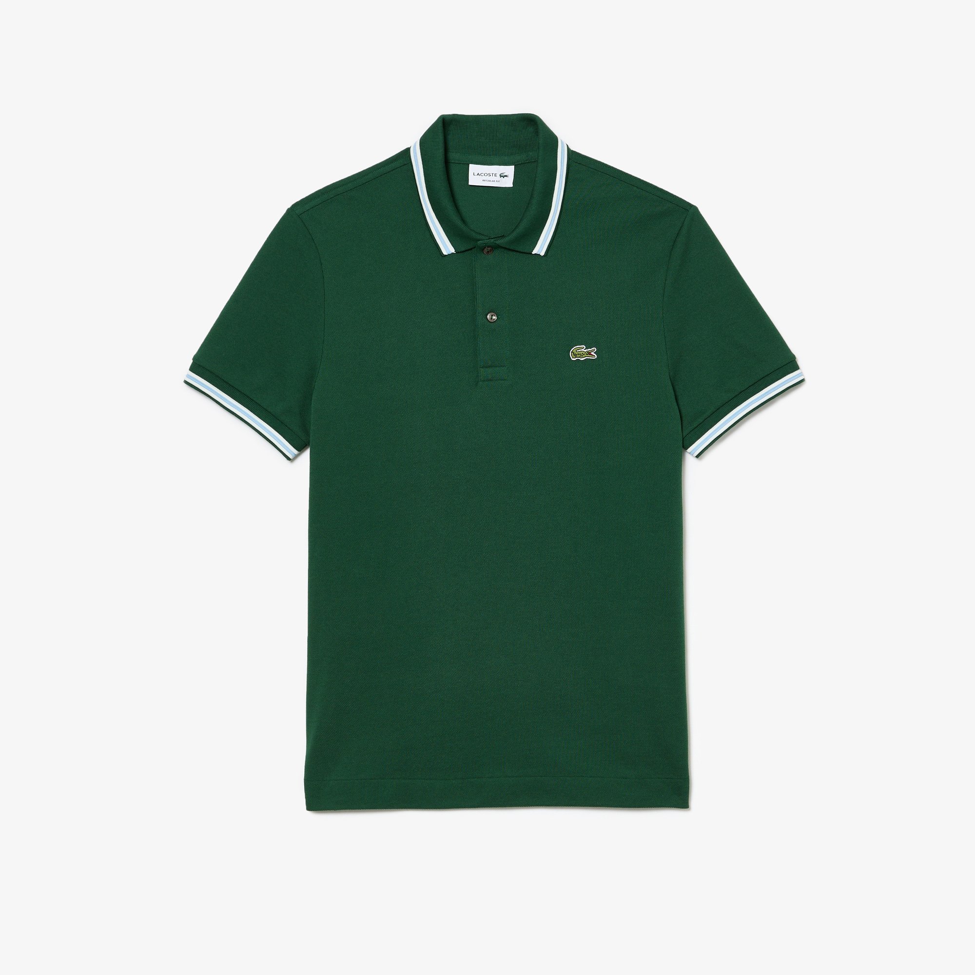 Flat View of Lacoste Collar Tip Polo in Dark Green and Light Blue