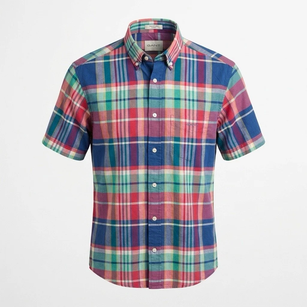 Flat View of GANT Check Short Sleeve Shirt in Pink and Navy