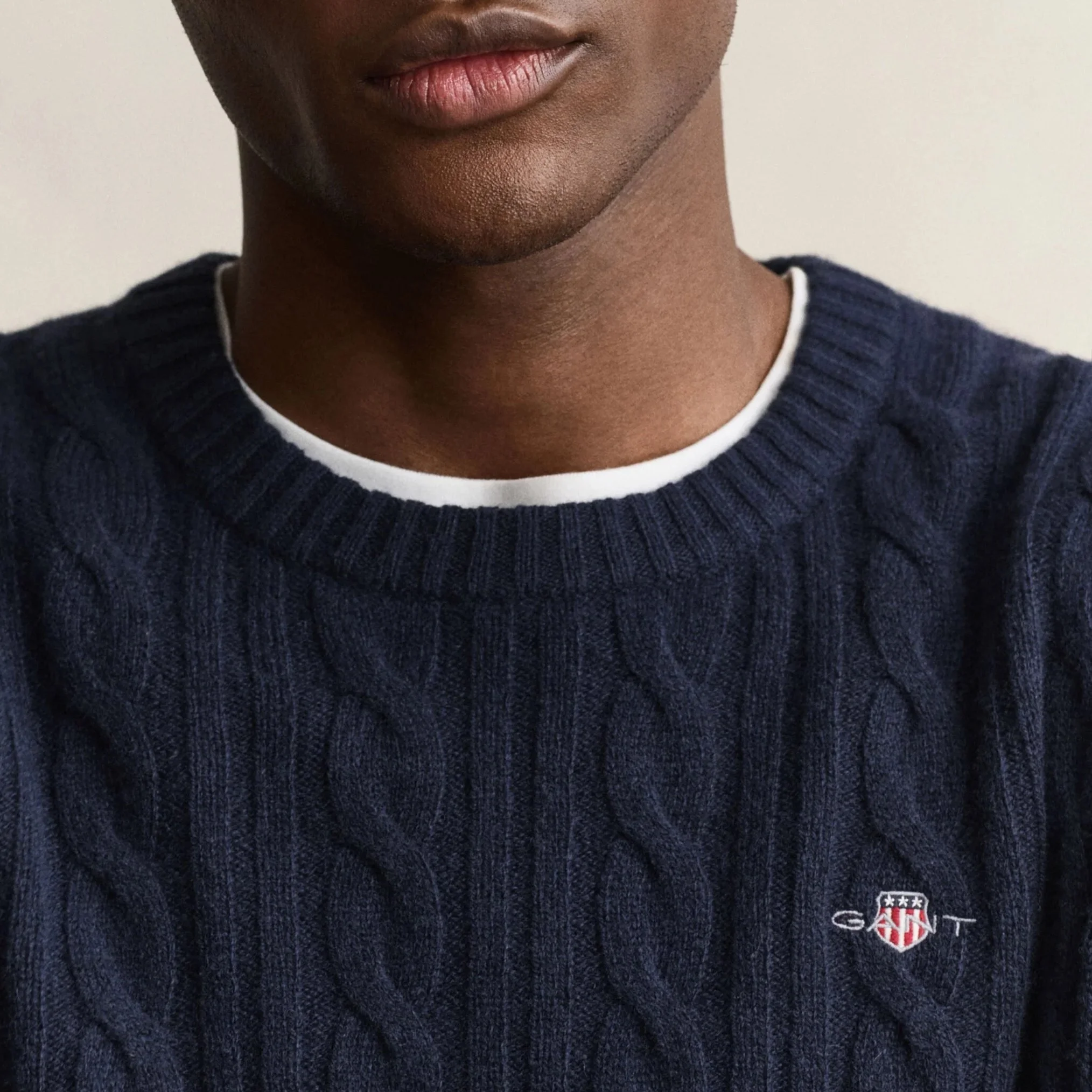 Close View of Model in GANT Lambswool Cable Crew Neck in Evening Blue