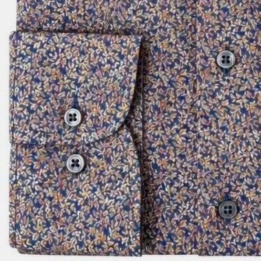 Close View of SAND Copenhagen State Print Shirt in Navy and Brown