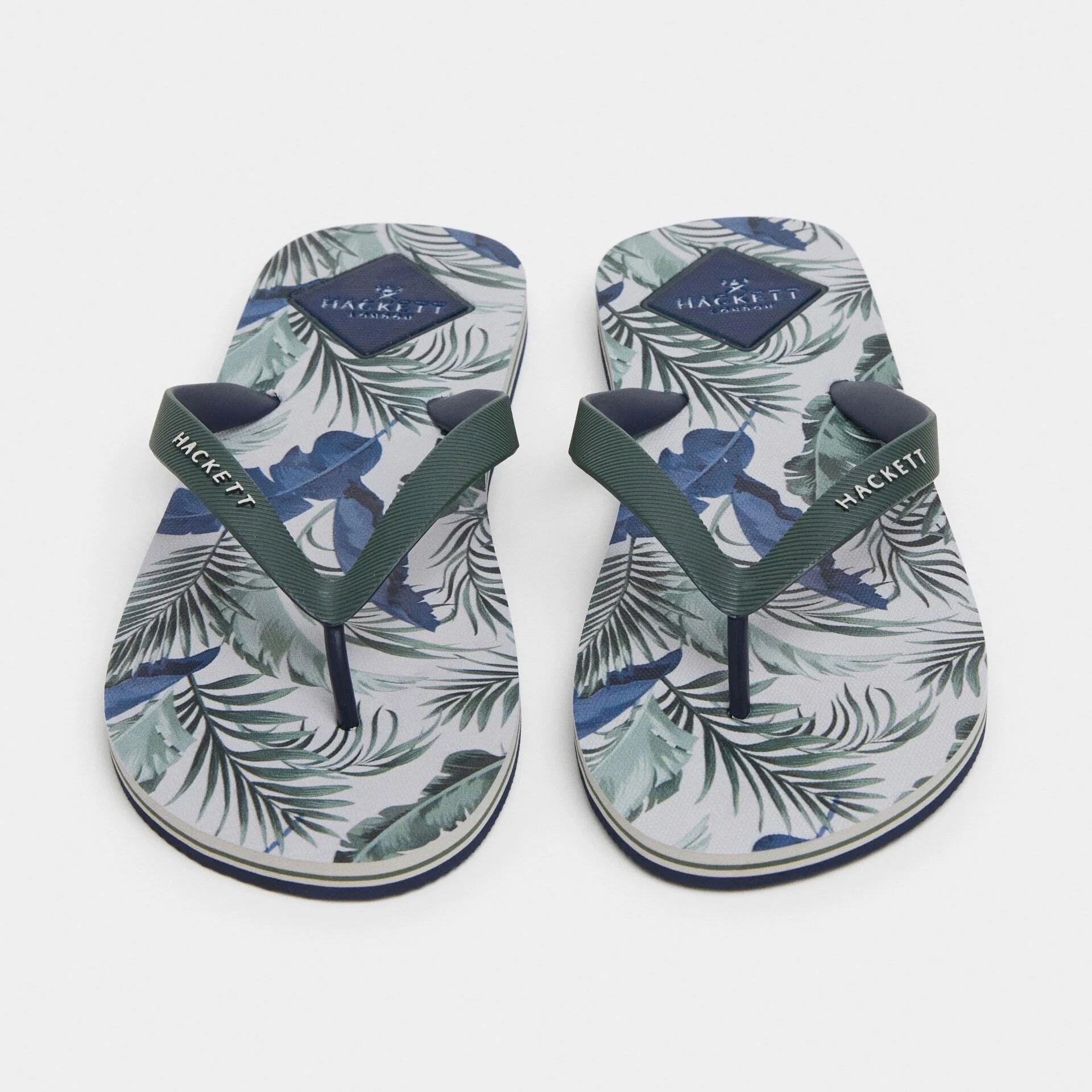 Front View of Hackett Floral Flip Flop in Green and Blue