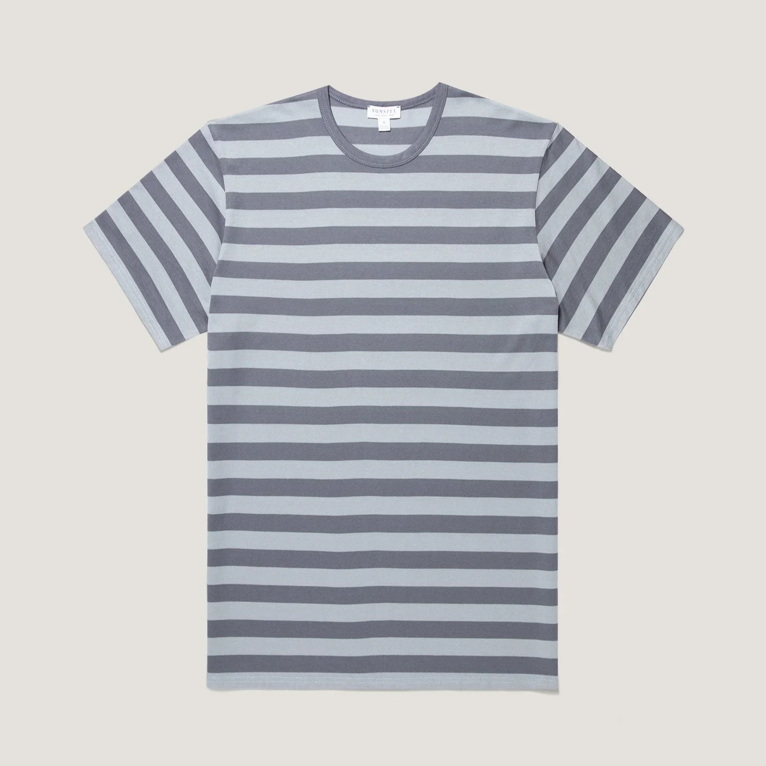 Flat View of Sunspel Luxury Stripe T Shirt in Blue and Light Blue