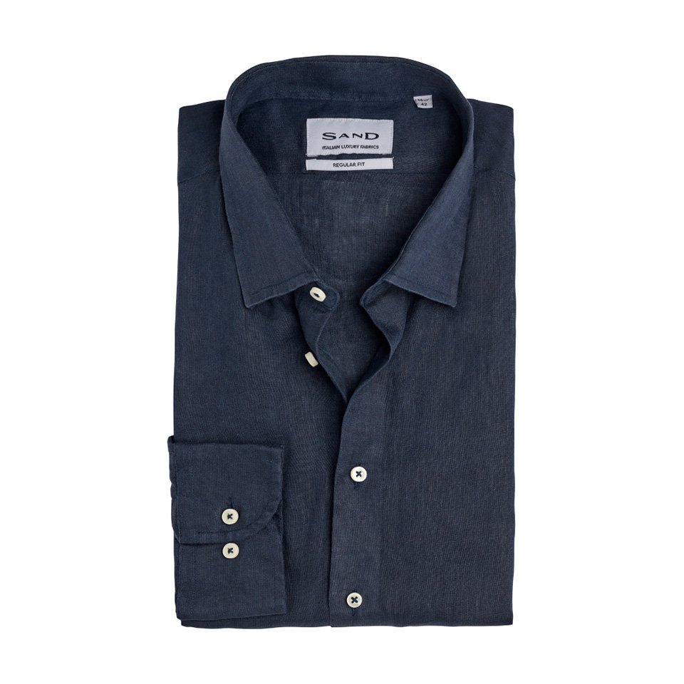 Flat View of SAND Copenhagen Luxury Slim Fit Linen Shirt in Navy