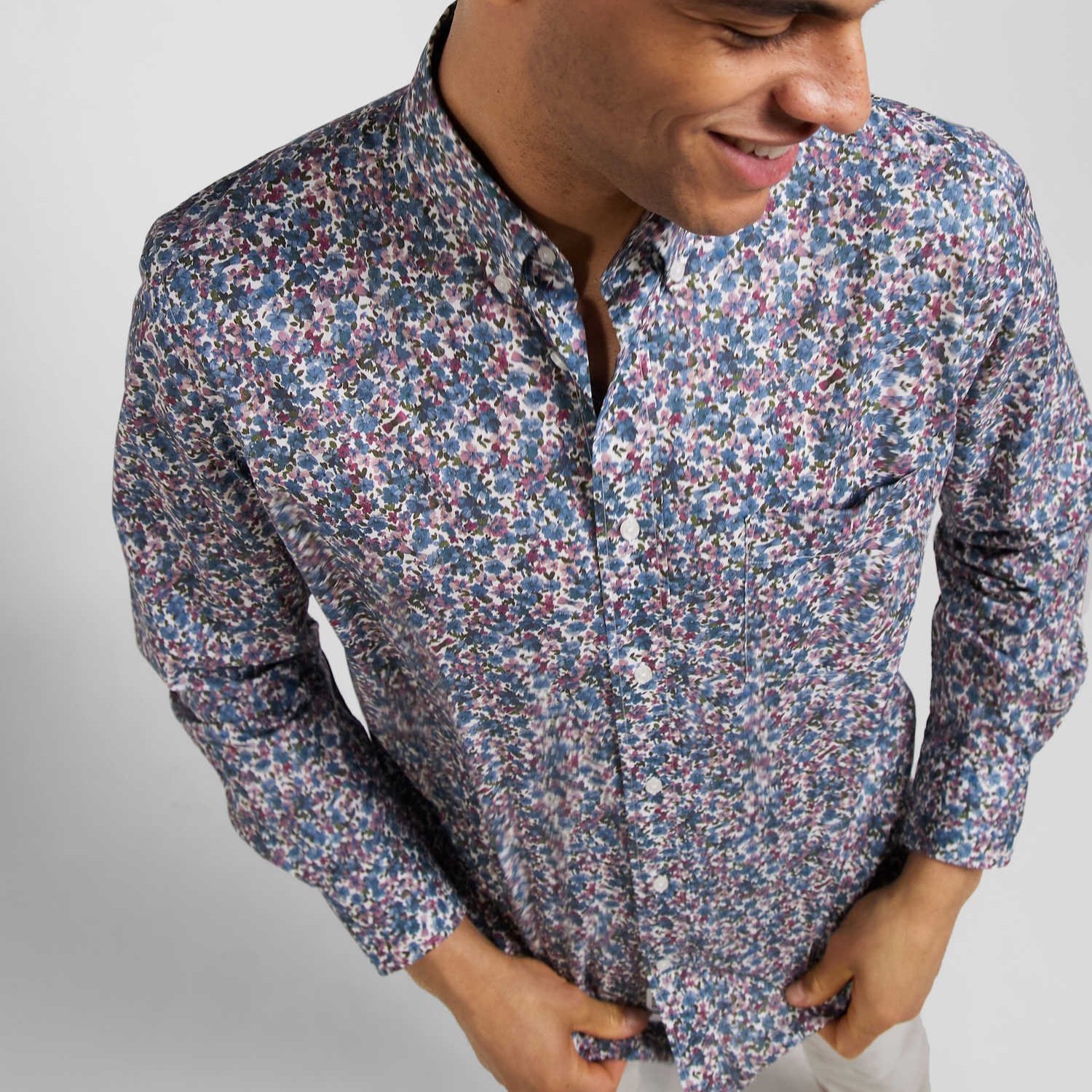 Close View of Model in Eden Park Floral Shirt in Aqua and Burgundy