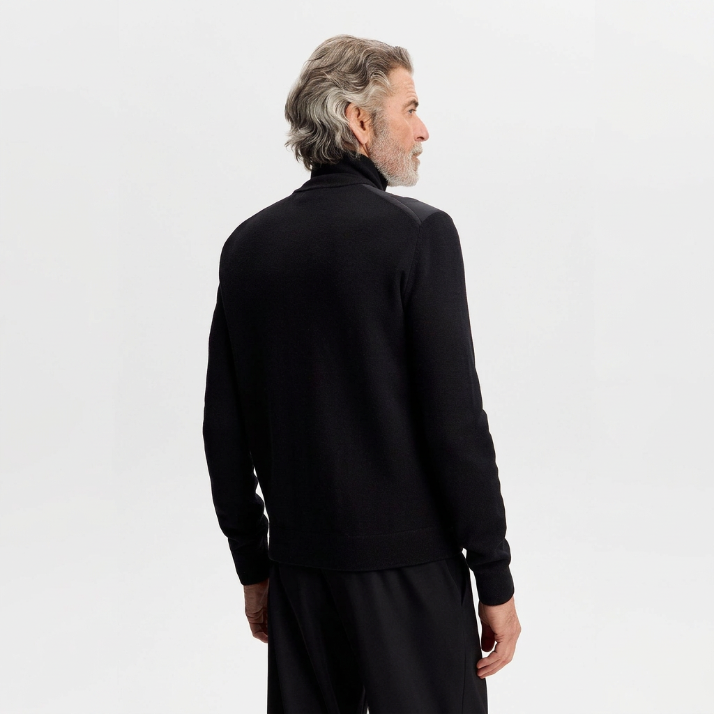 Back View of Model in J Lindeberg Boen Knitted Hybrid Jacket in Black