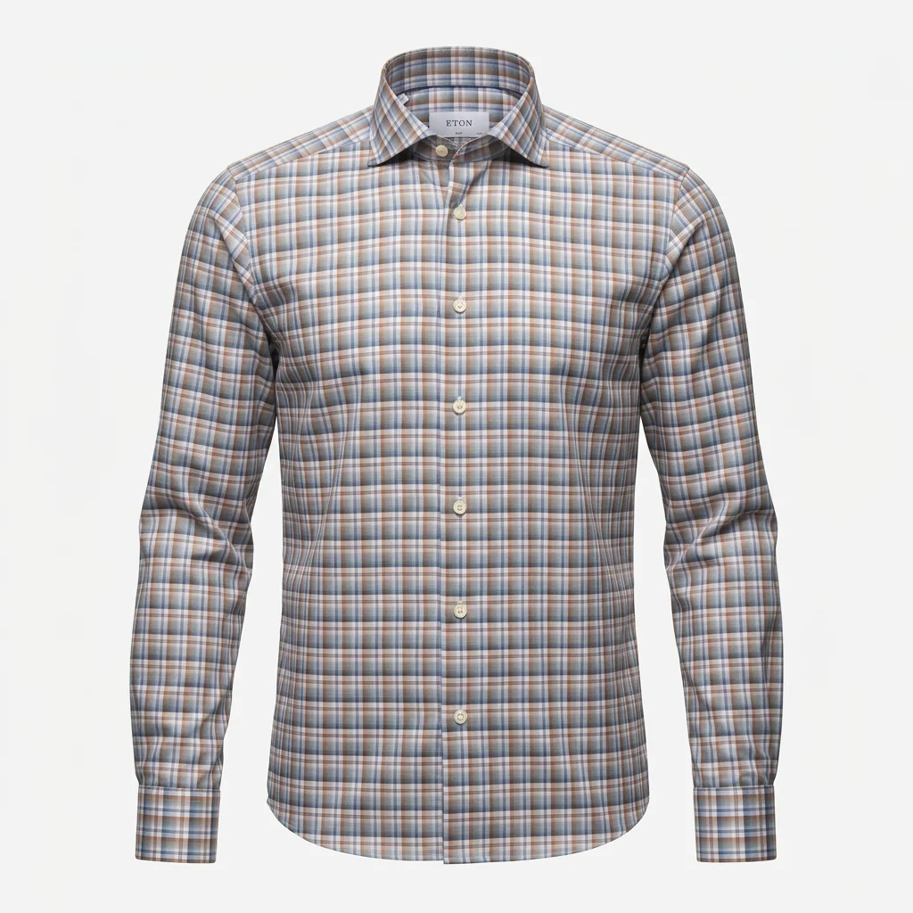Flat View of Eton Luxury Slim Fit Check Twill Shirt in Blue and Brown