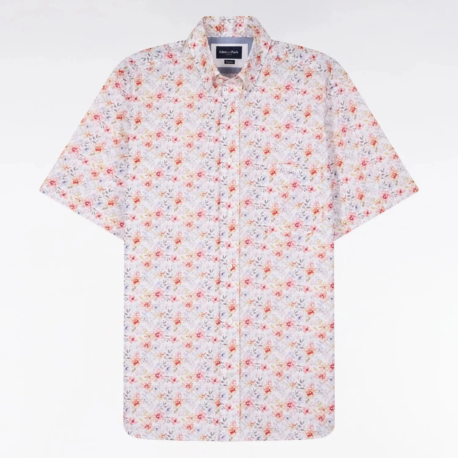 Flat View of Eden Park Floral Short Sleeve Shirt in Red and Light Blue