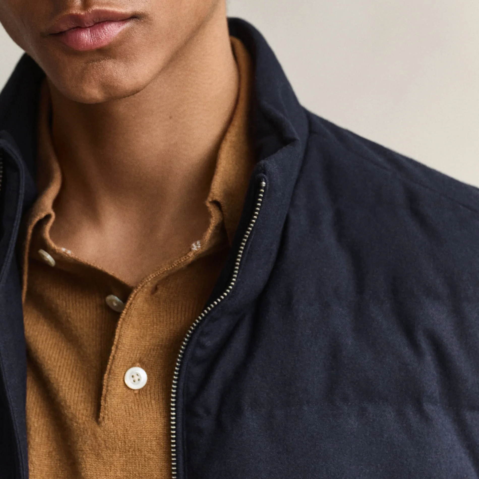 Close View of Model in GANT Insulated Hybrid Flannel Jacket in Evening Blue