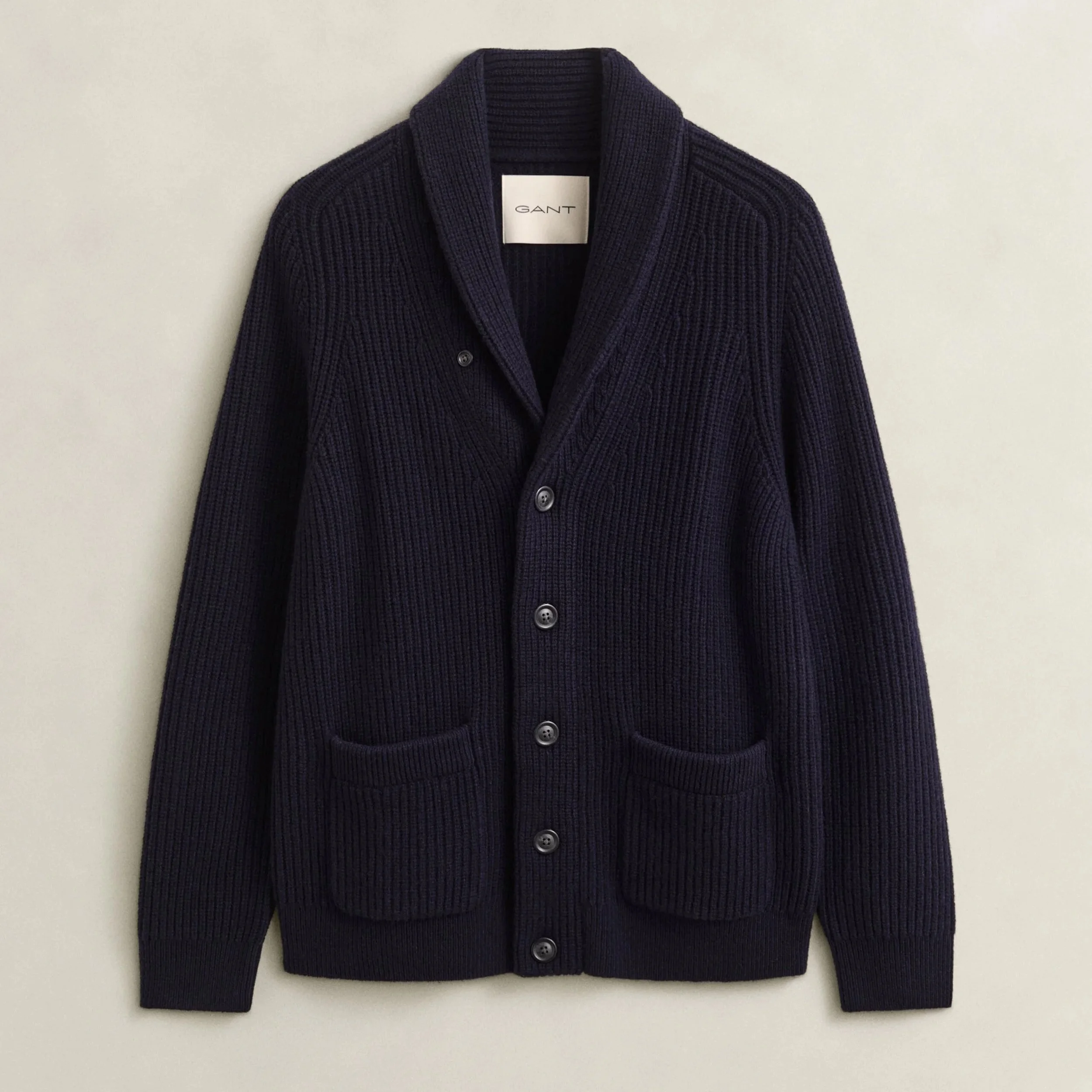 Flat View of GANT Ribbed Wool Blend Shawl Cardigan in Evening Blue
