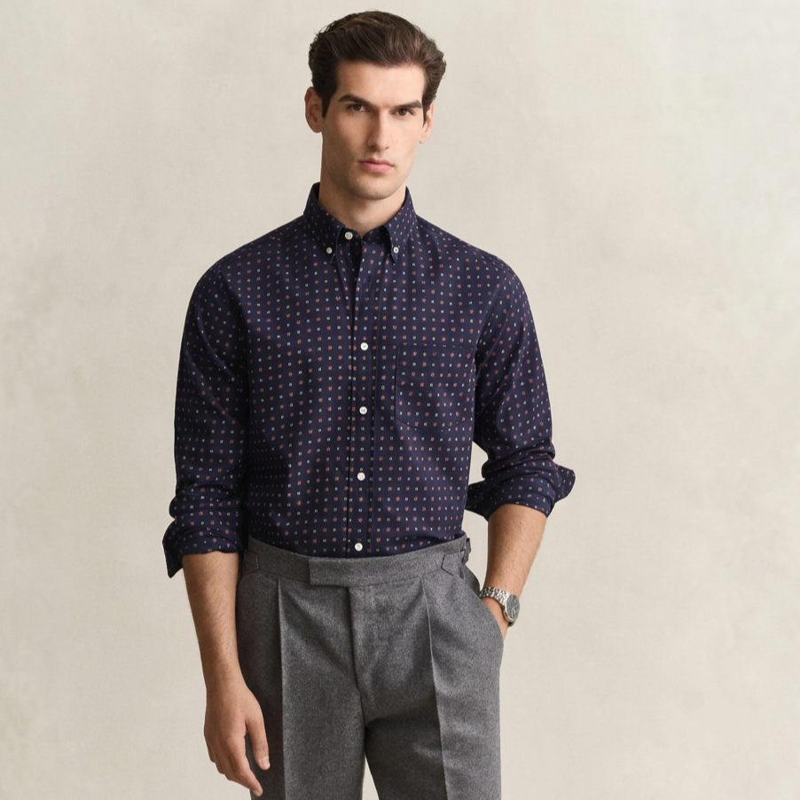 Front View of Model in GANT Regular Fit Printed Wintertwill Shirt in Classic Blue and Red