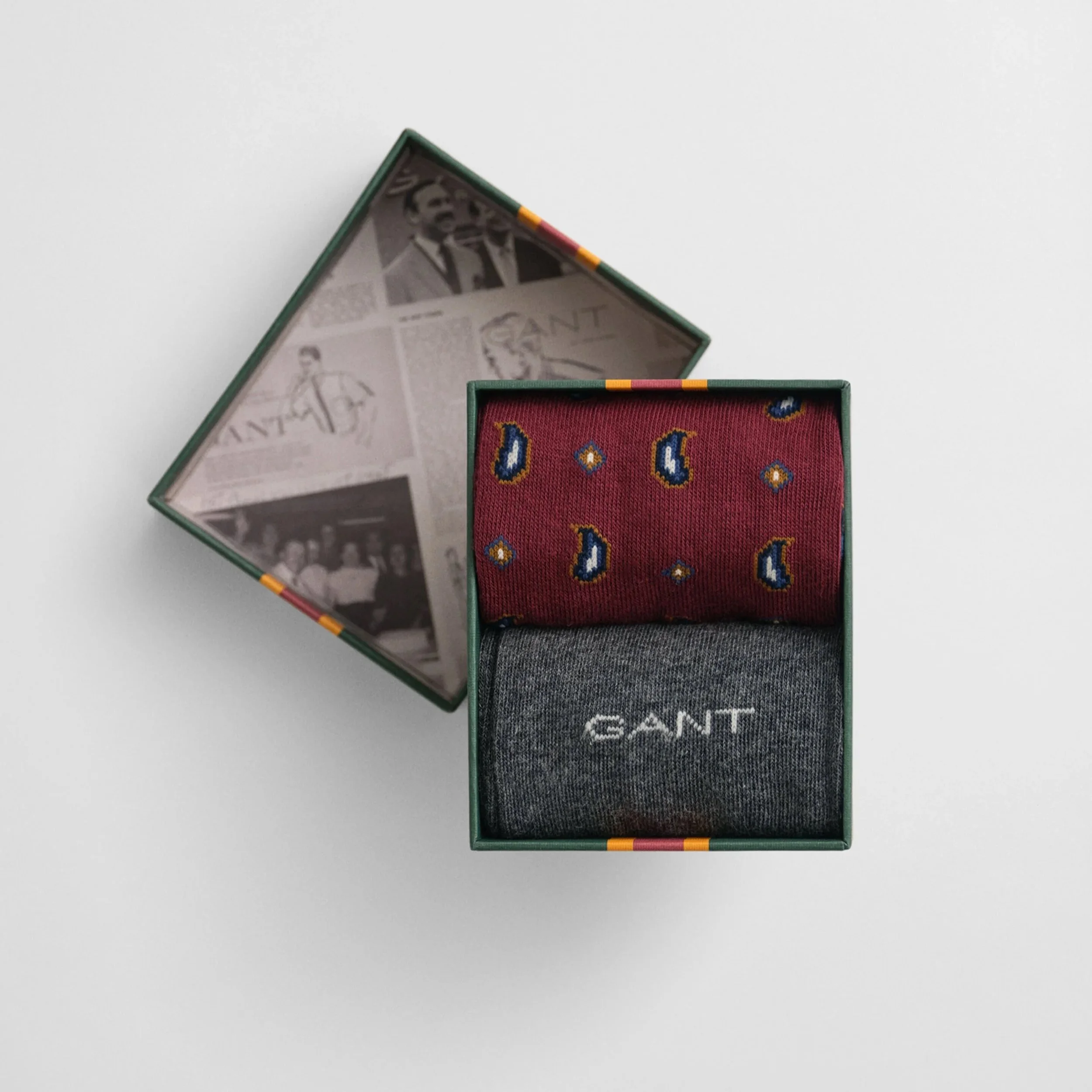 Open Box View of GANT 2 Pack Socks Gift Set in Burgundy and Grey