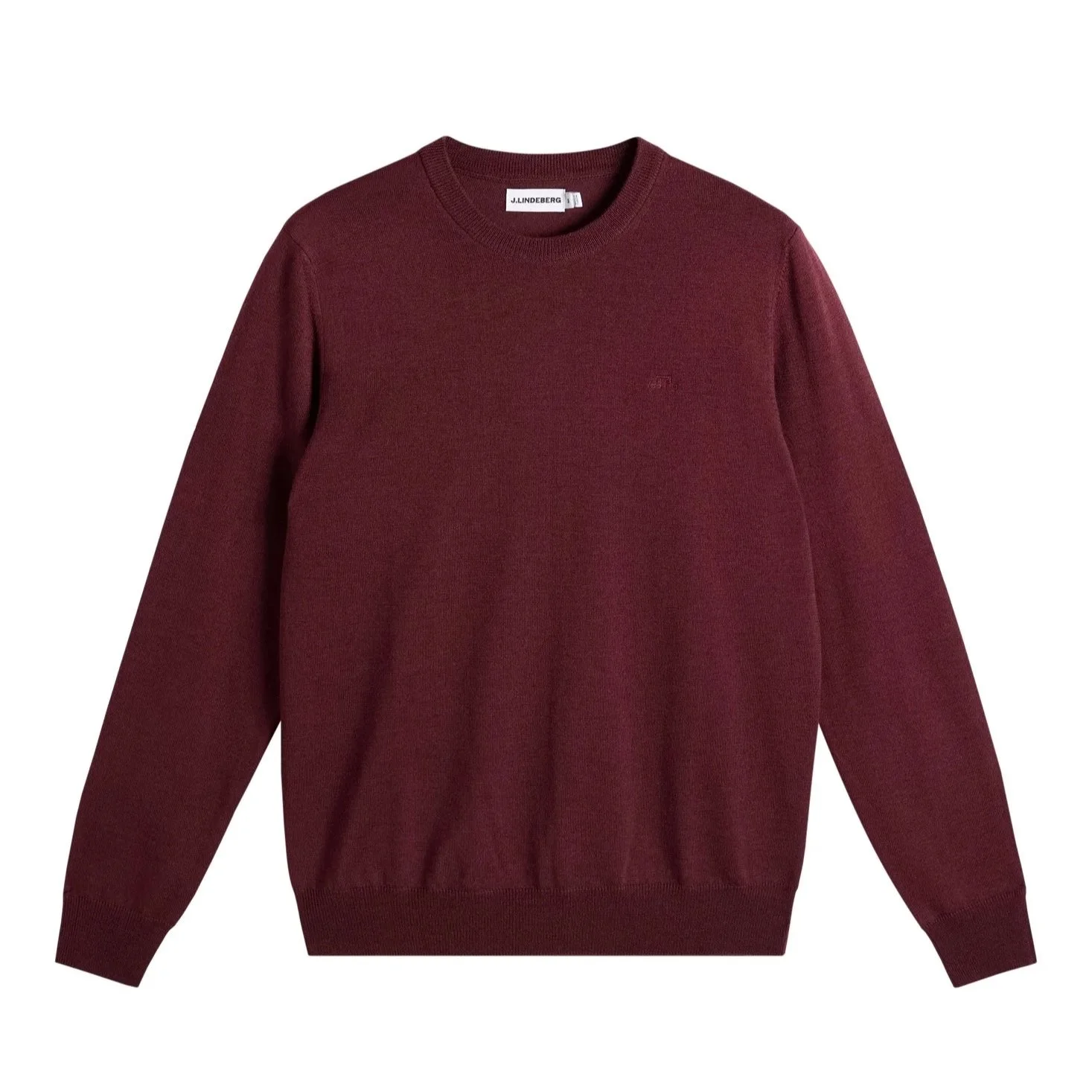 Flat View of J Lindeberg Keane Merino Wool Crew Neck Jumper in Burgundy