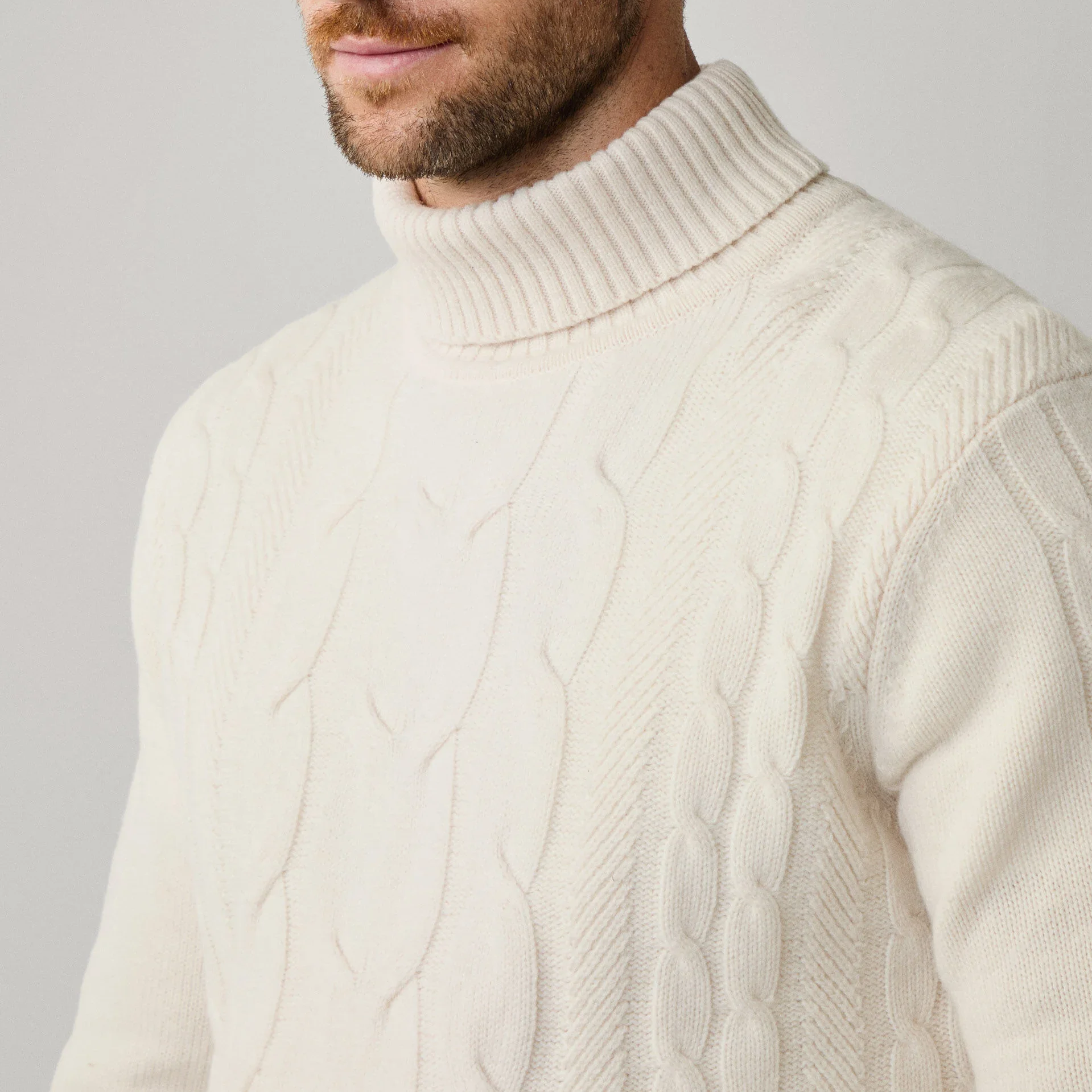 Close Model View of Hackett Luxury Wool and Cashmere Roll Neck Jumper in Cream
