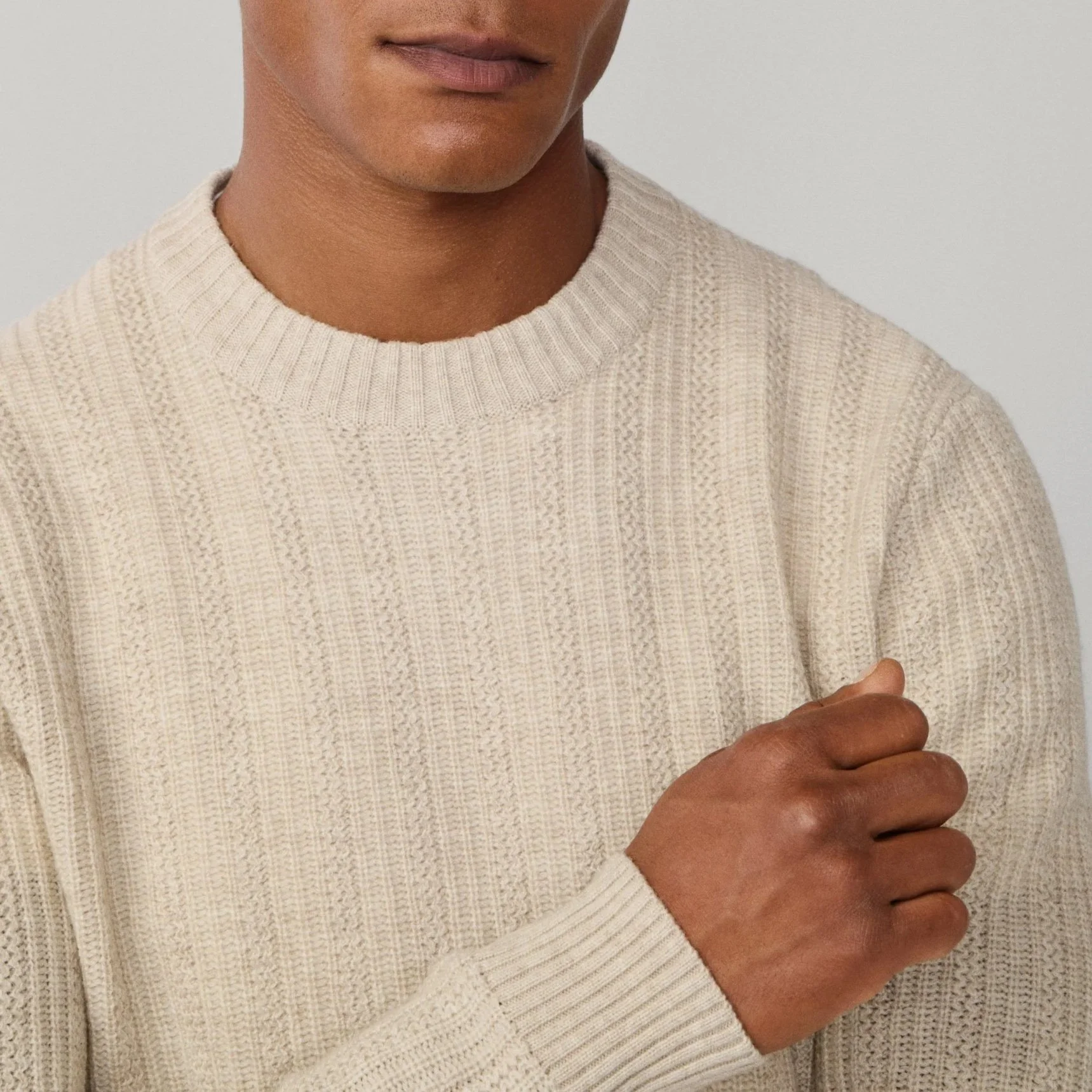 Close View of Hackett Luxury Cashmere Mix Texture Jumper in Sand