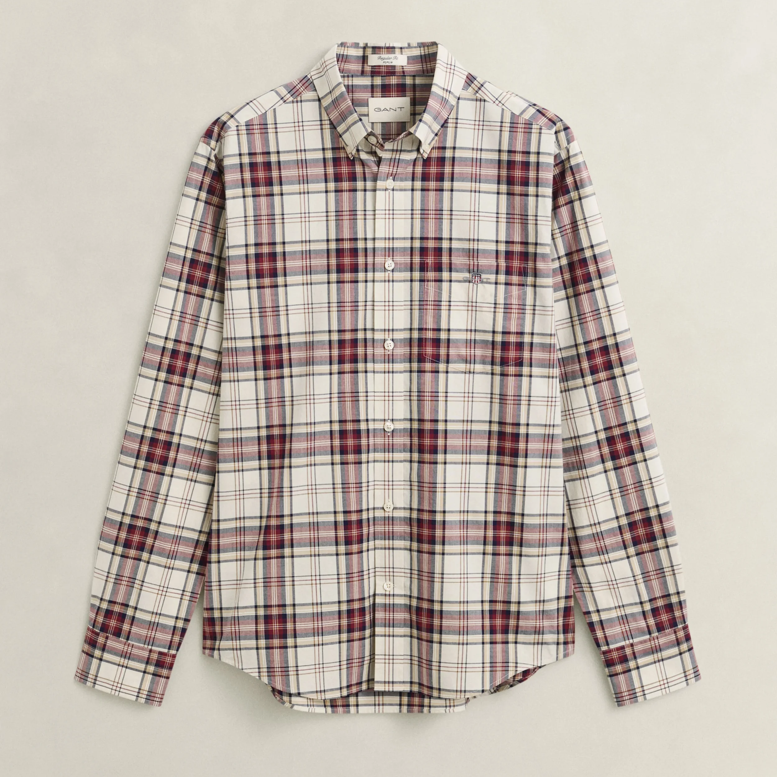 Flat View of GANT Regular Fit Poplin Check Shirt in Deep Grape Wine and Cream