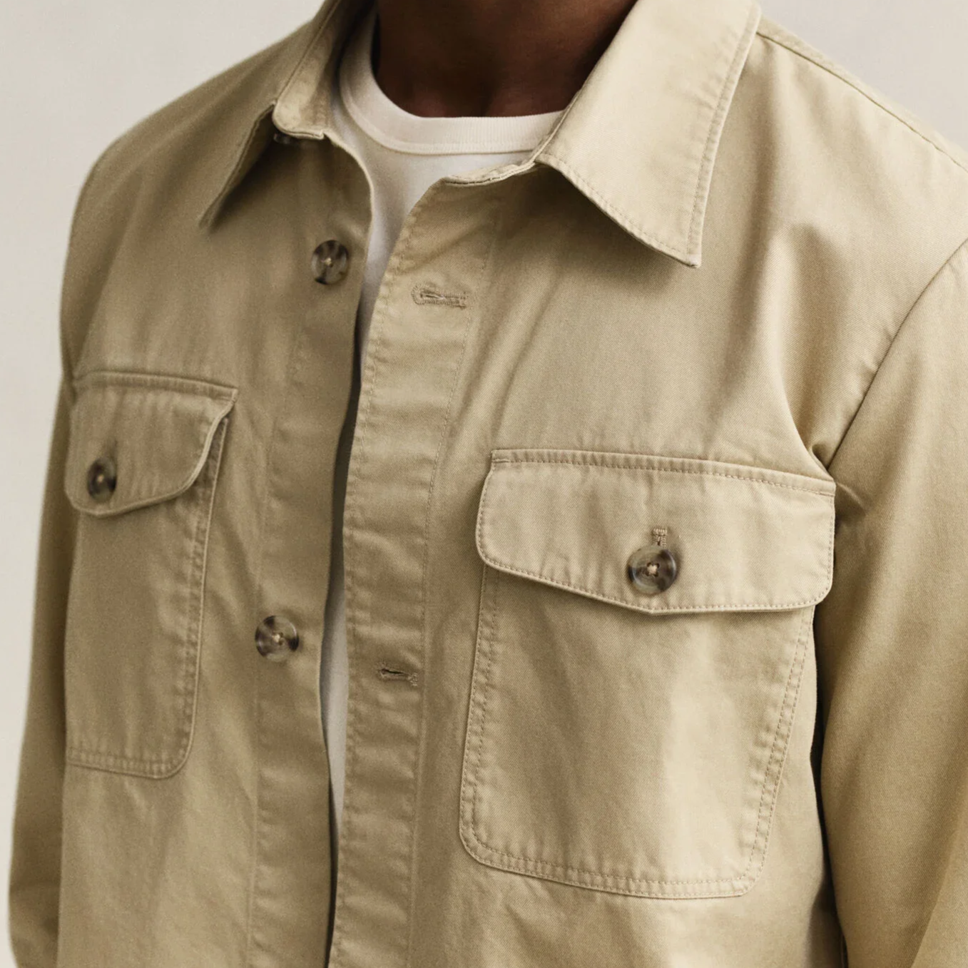 Close View of GANT Cotton Twill Overshirt in Sand