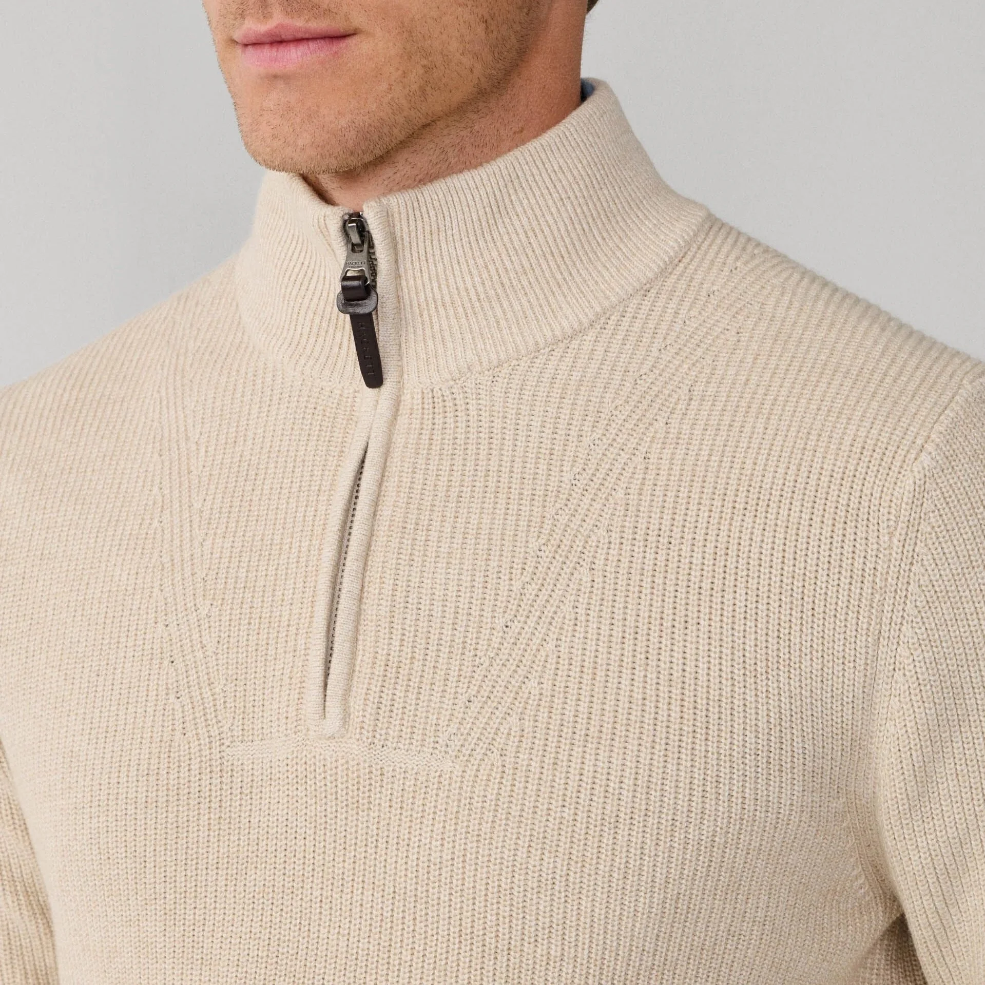 Close Model View of Hackett Luxury Cotton and Cashmere Half Zip in Cream